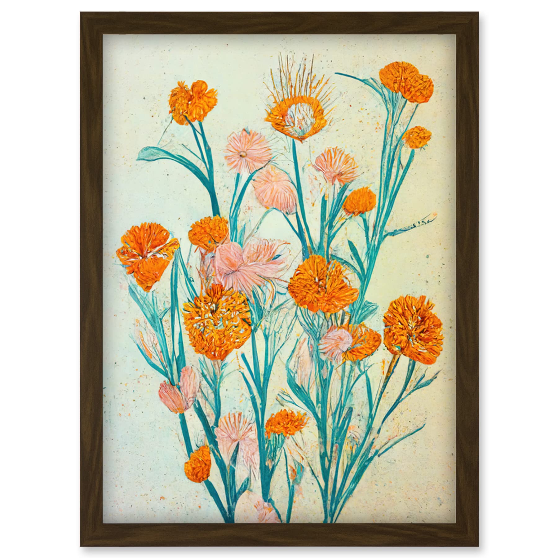 Boho Marigold Flowers Teal Orange Painting Artwork Framed Wall Art Print A4