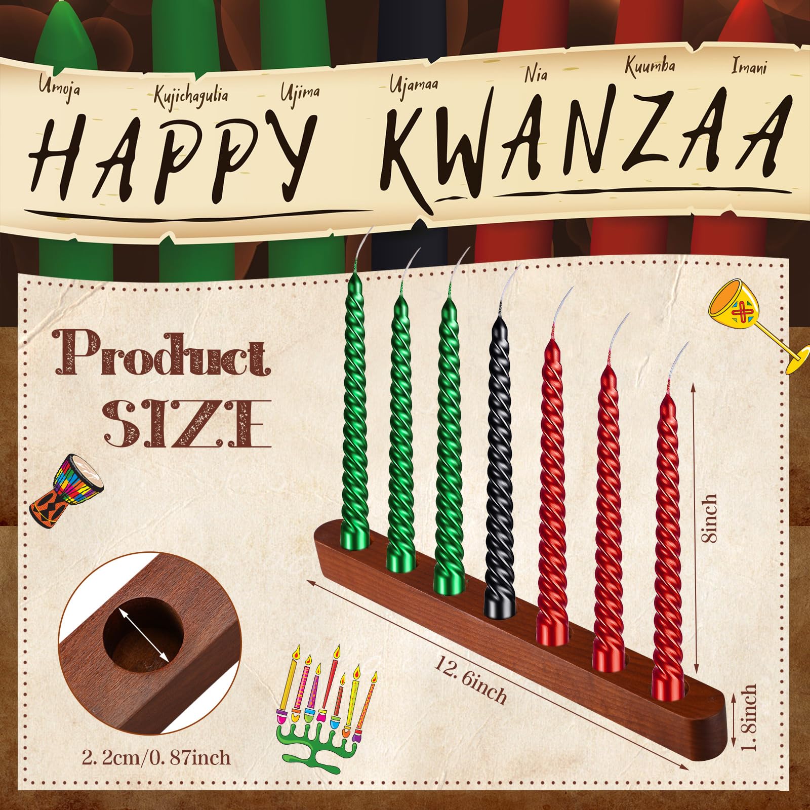 BBTO 8 Pcs Kwanzaa Kinara Set Kinara Wooden Candle Holder with 8 Inch Spiral Taper Candles Unscented Dripless Candles for Kwanzaa Decoration