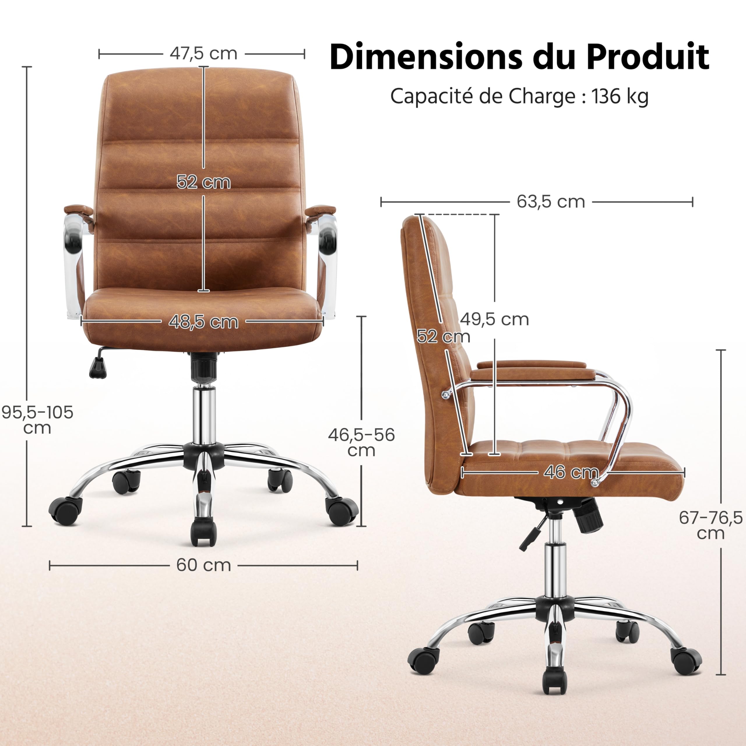 Yaheetech Fauteuil de Bureau Similicuir Chaise de Bureau Erconomique Hauteur Réglable Inclinable avec Dossier Rembourré Brun Rustique