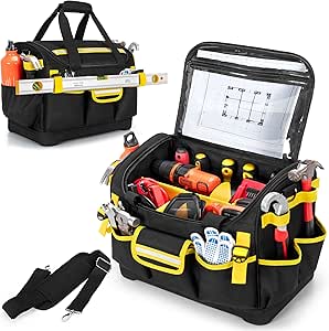 Trahzia Heavy Duty Tool Storage Bag for Men, 15-Inch Tool Box Organizer with Hard Bottom, Tactical Electrical Work Bag for Electrician, Craftsman, Carpenter &amp; Mechanic, Black