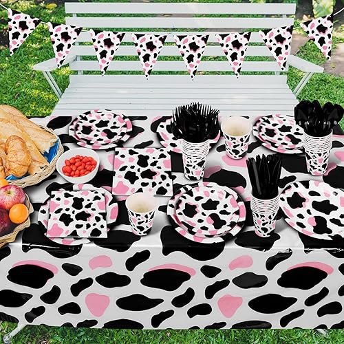 Miniatura 6 de durony 198 piezas de vajilla de fiesta con estampado de vaca rosa, incluyendo platos de fiesta de vaca rosa vaquera, cucharas, tenedores, cuchillos,