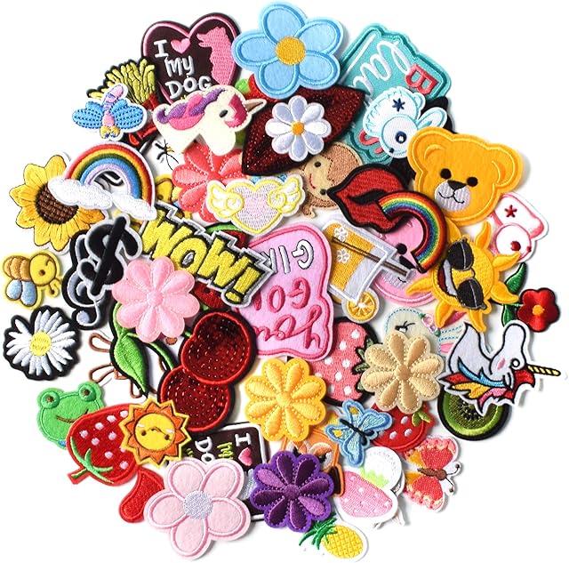 AXEN 60PCS Embroidered Iron on Patches DIY Accessories, Random Assorted Decorative Patches ,Cute Sewing Applique for Jackets, Hats, Backpacks, Jeans, 60 Pieces Package