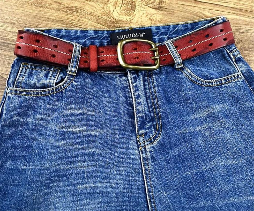 Men's vintage Double Needle Buckle Genuine Leather Solid Cowhide Thick Jeans Waistband Casual Belt