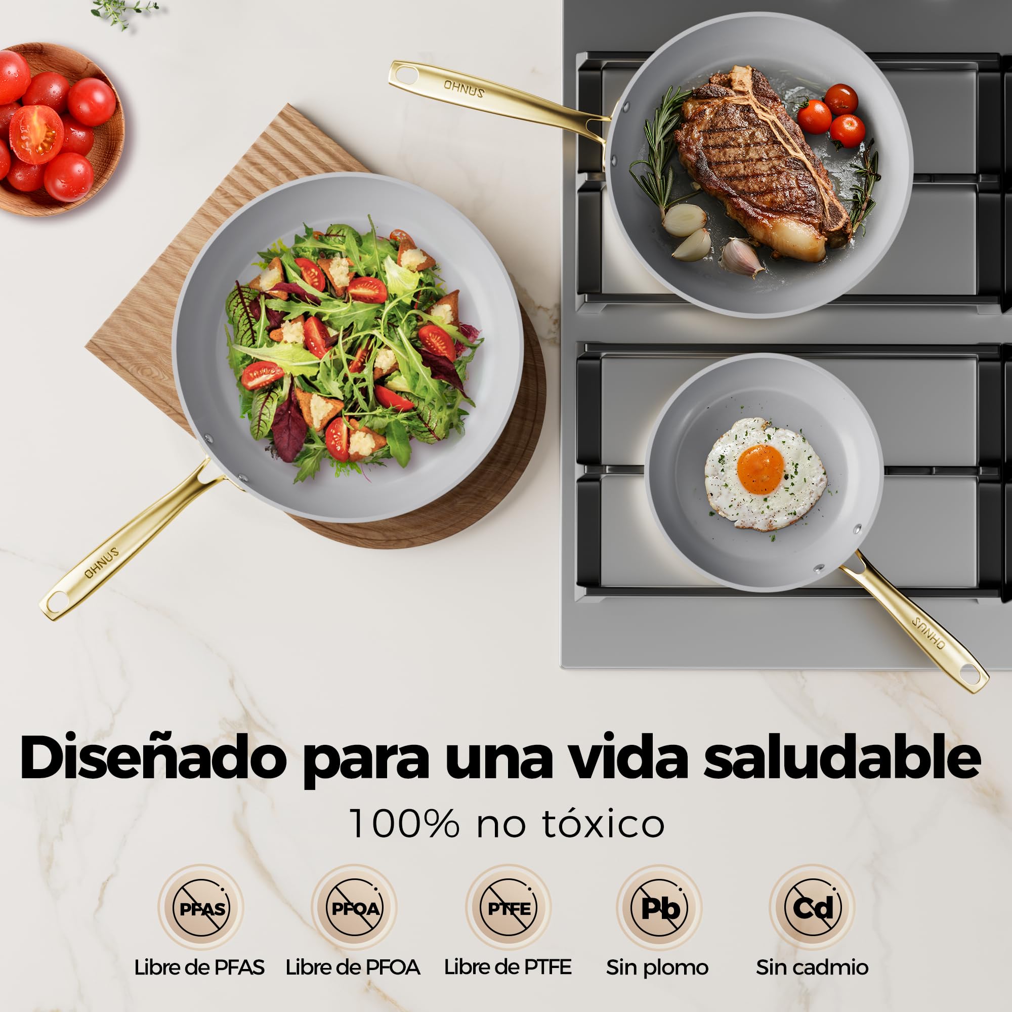 Sanho Sartén antiadherente con mango dorado (8-10-12 pulgadas, 3 piezas)