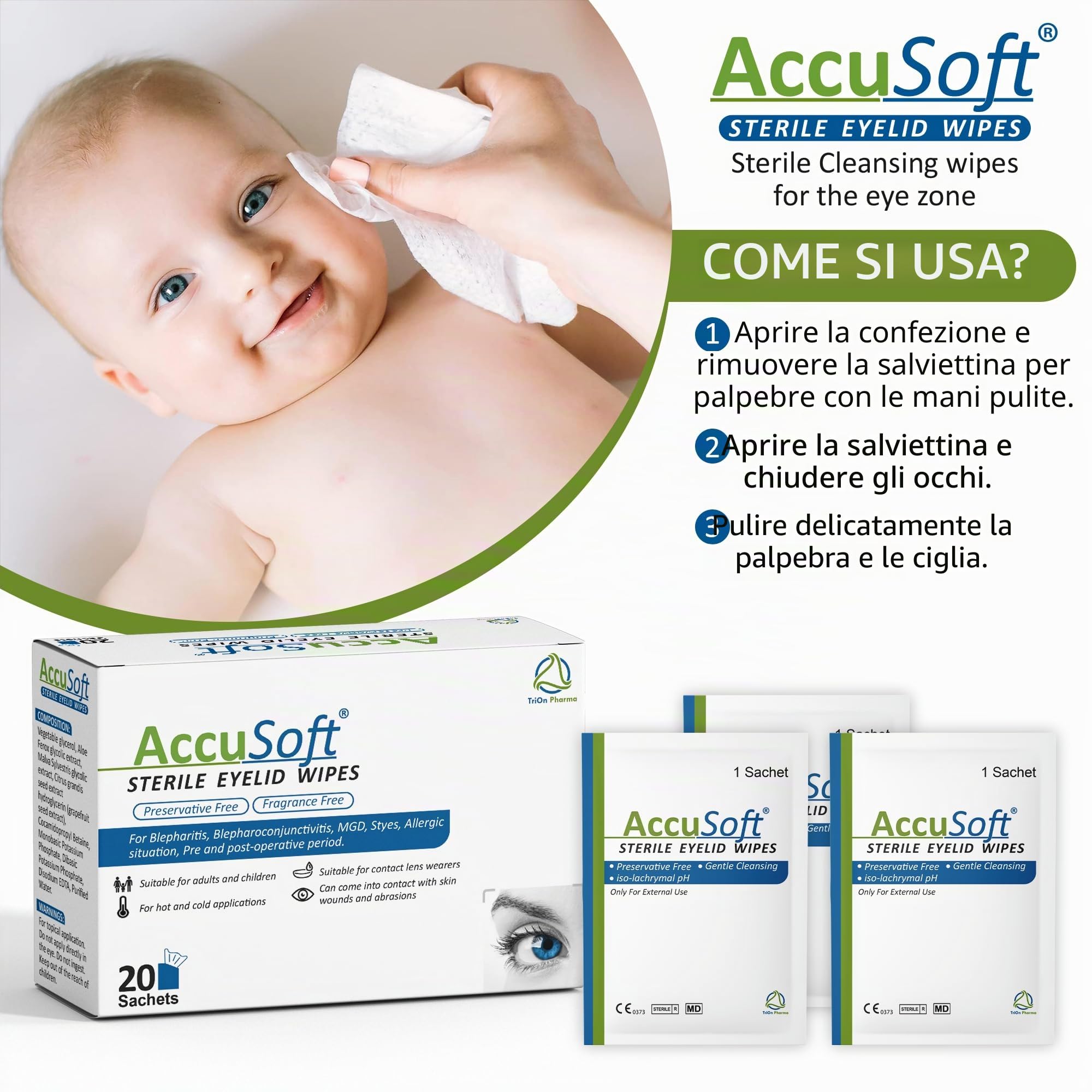 Salviette sterili per palpebre per blefarite, blefarocongiuntivite, MGD, porcili, allergie, pre e post-operatorio, senza conservanti e profumi, 20 salviette detergenti per palpebre