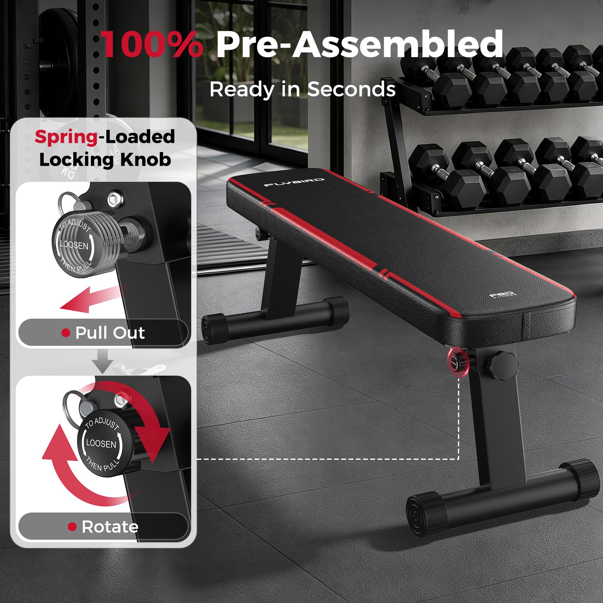 Foldable Flat Weight Bench for Home Gym, 1000 lbs Capacity with Dual Locking for Strength Training, Easy Setup & Storage for Small Apartments, Lifting, Hip Thrust, Dumbbell Workout