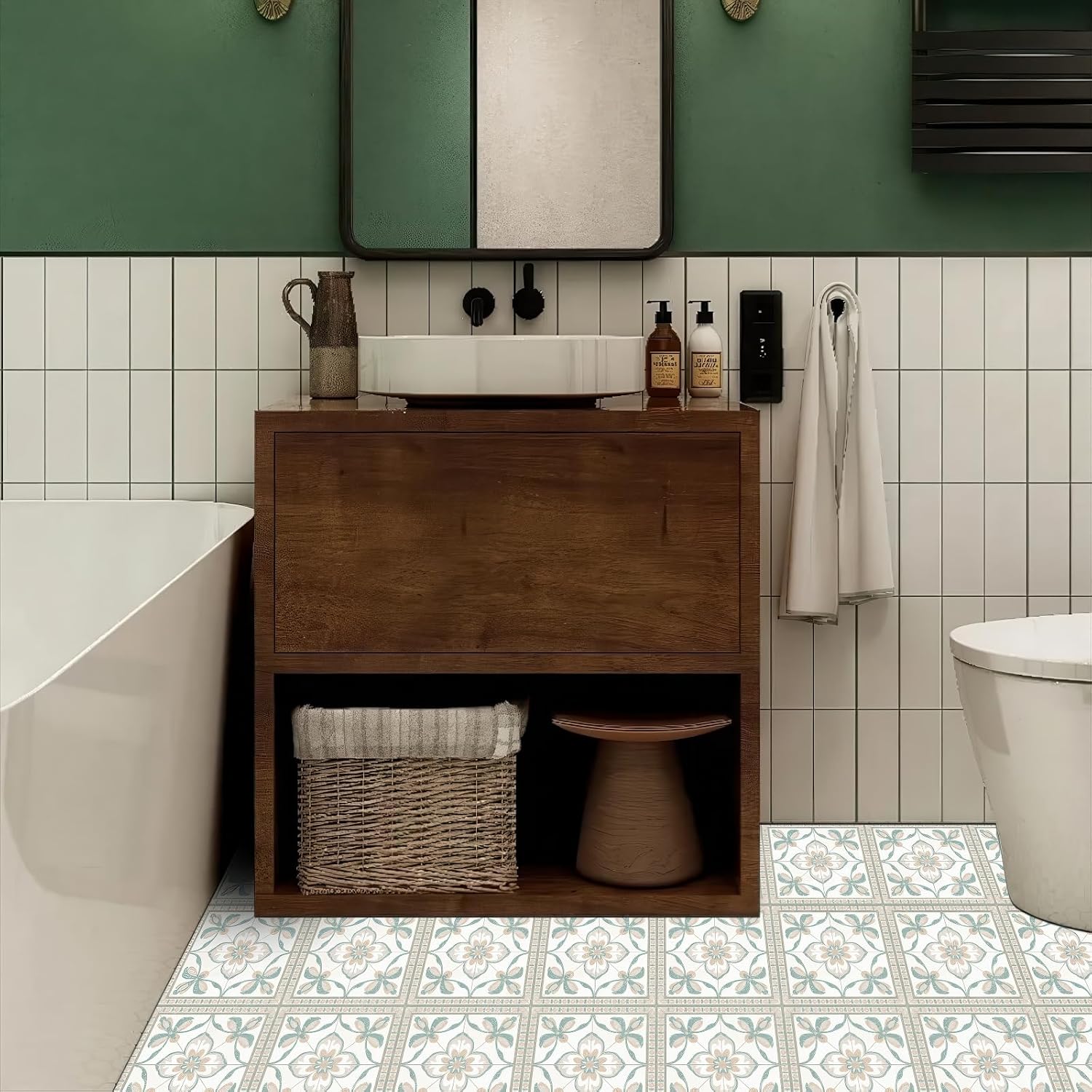 HOMETITUTE Cream Mint Floral Peel Stick Floor Tile Art Deco, 12"x12" | Vinyl, self adhesive vinyl floor tiles, self adhesive decals removable flooring stickers; kitchen,bathroom,entryway