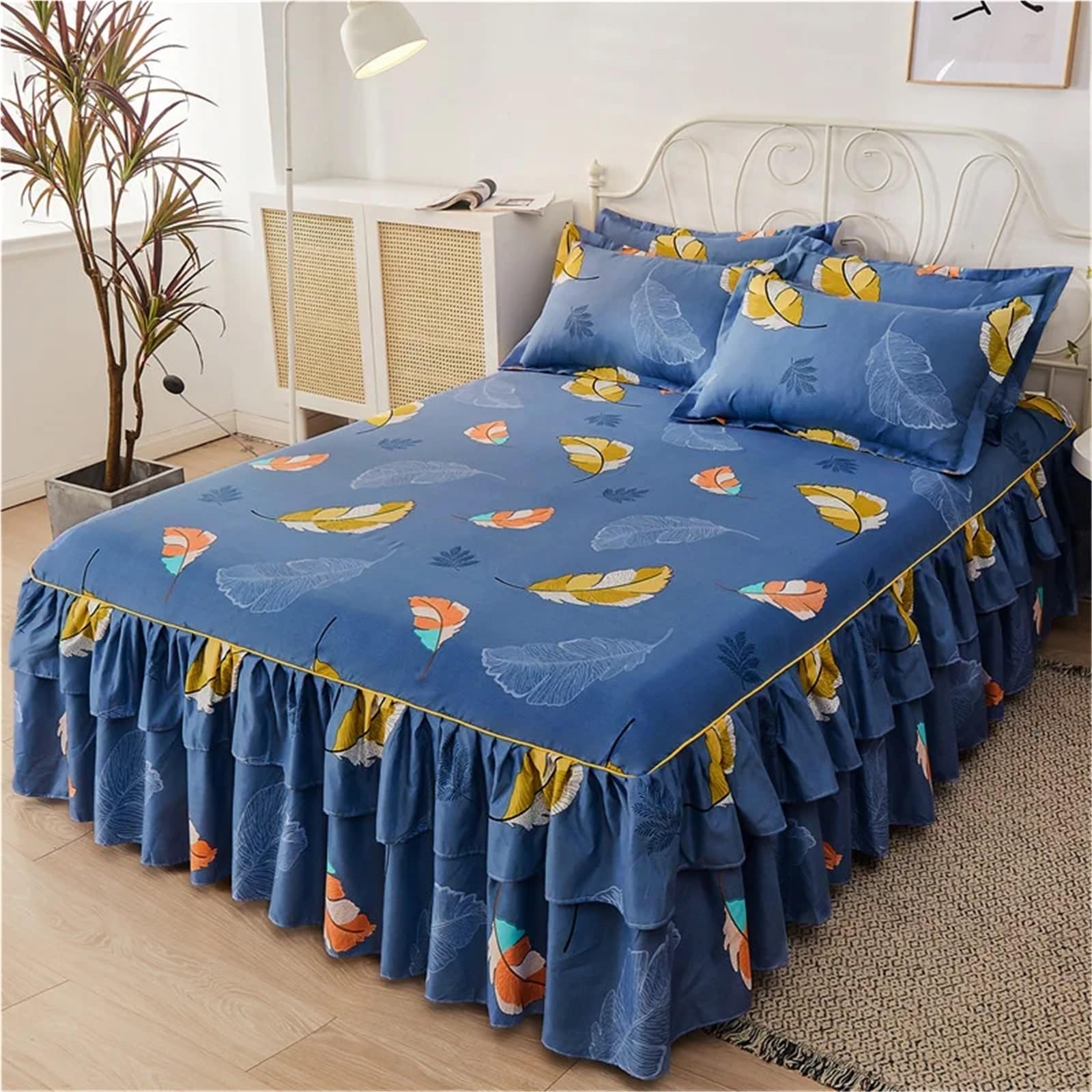 3pcs Bedding Simple Flower Bed Skirt With Pillowcases Wedding Bedspread Bed Sheet Mattress Cover(Color-13,3pcs 180x200cm)