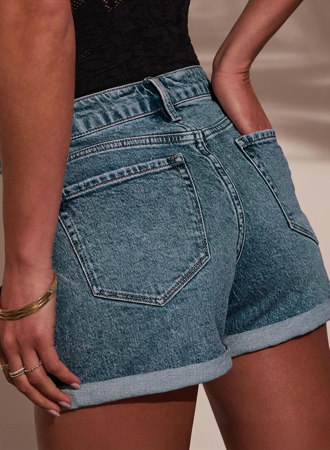 Astylish Womens Jean Shorts Casual Buttoned High Waisted Stretchy Patch Pocket Trendy Cuffed Denim Shorts - Image 2