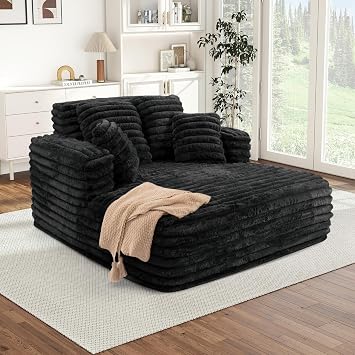 Chaise Lounge Chair Indoor, Comfy Corduroy Plush Fluffy Foam Floor Compressed Sofa Chair, Leisure Reading Single Sleeper Chaise Chair for Living Room, Bedroom, Office, Pillows Included Black