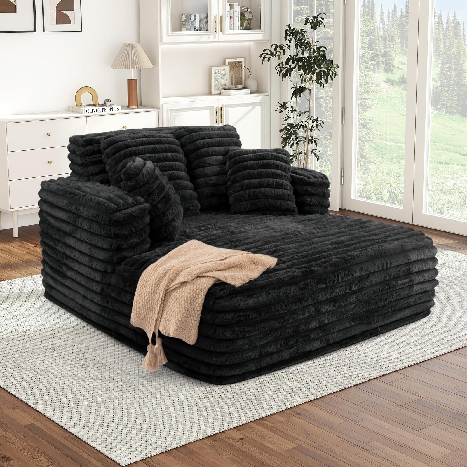 Chaise Lounge Chair Indoor, Comfy Corduroy Plush Fluffy Foam Floor Compressed Sofa Chair, Leisure Reading Single Sleeper Chaise Chair for Living Room,