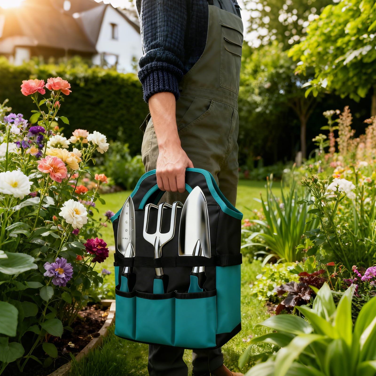Kit Giardinaggio Completo 7 Pezzi in Alluminio Anti-Ruggine con Tappetino Rinvaso 75x75cm e Borsa 600D Oxford,Set Attrezzi da Giardino Professionali per Orto e Piante,Regalo Giardinaggio Donna Uomo