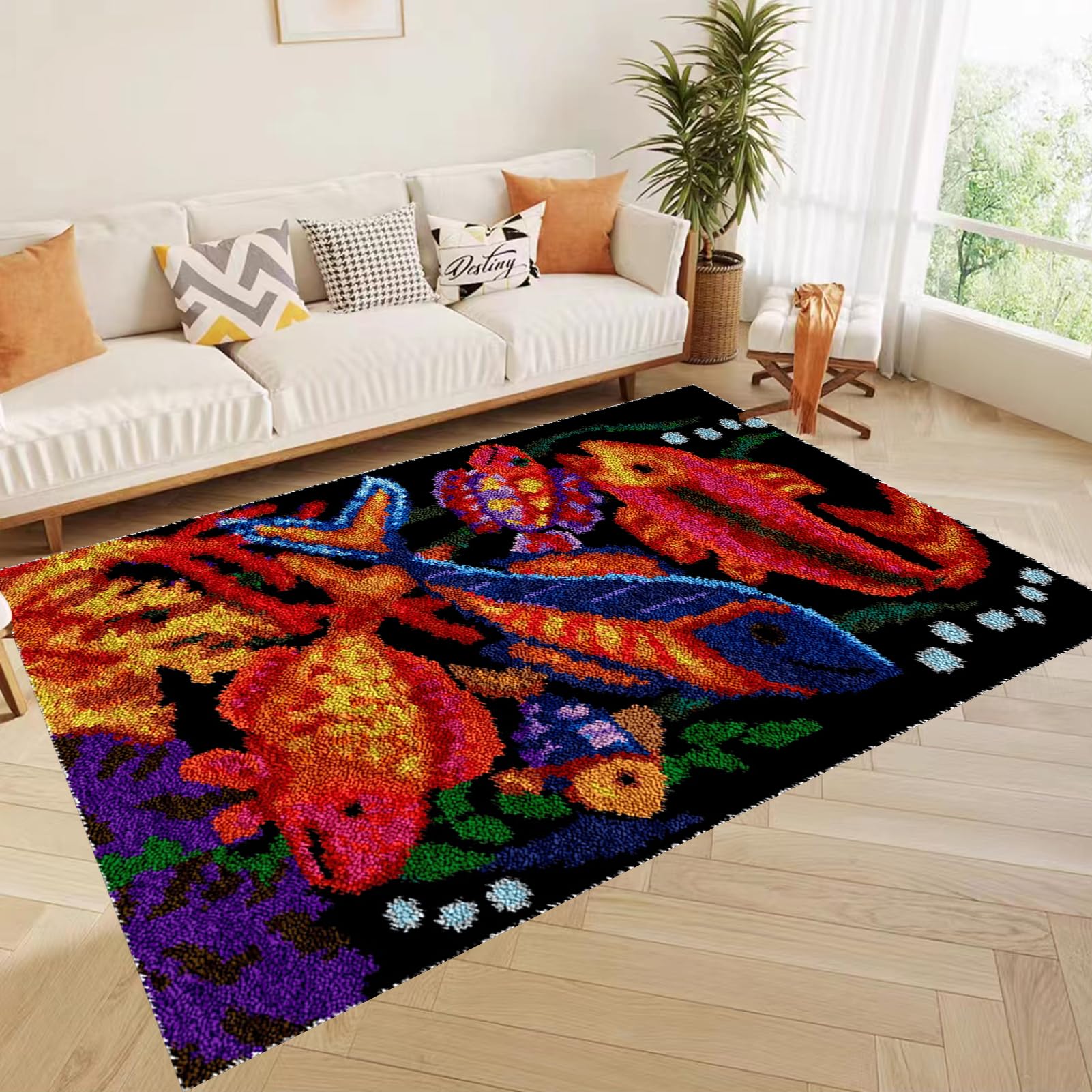 Kit per tappeto per adulti, kit fai da te con ricamo e tela stampata, grande 130 x 150 cm, cuscino per pavimento in filato all'uncinetto, per decorare la casa, facile realizzazione di tappeti