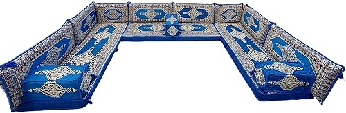 Miniatura 13 de arabicsofa Juego de sofá árabe en forma de U – Asientos modulares de piso azul real para habitación de invitados