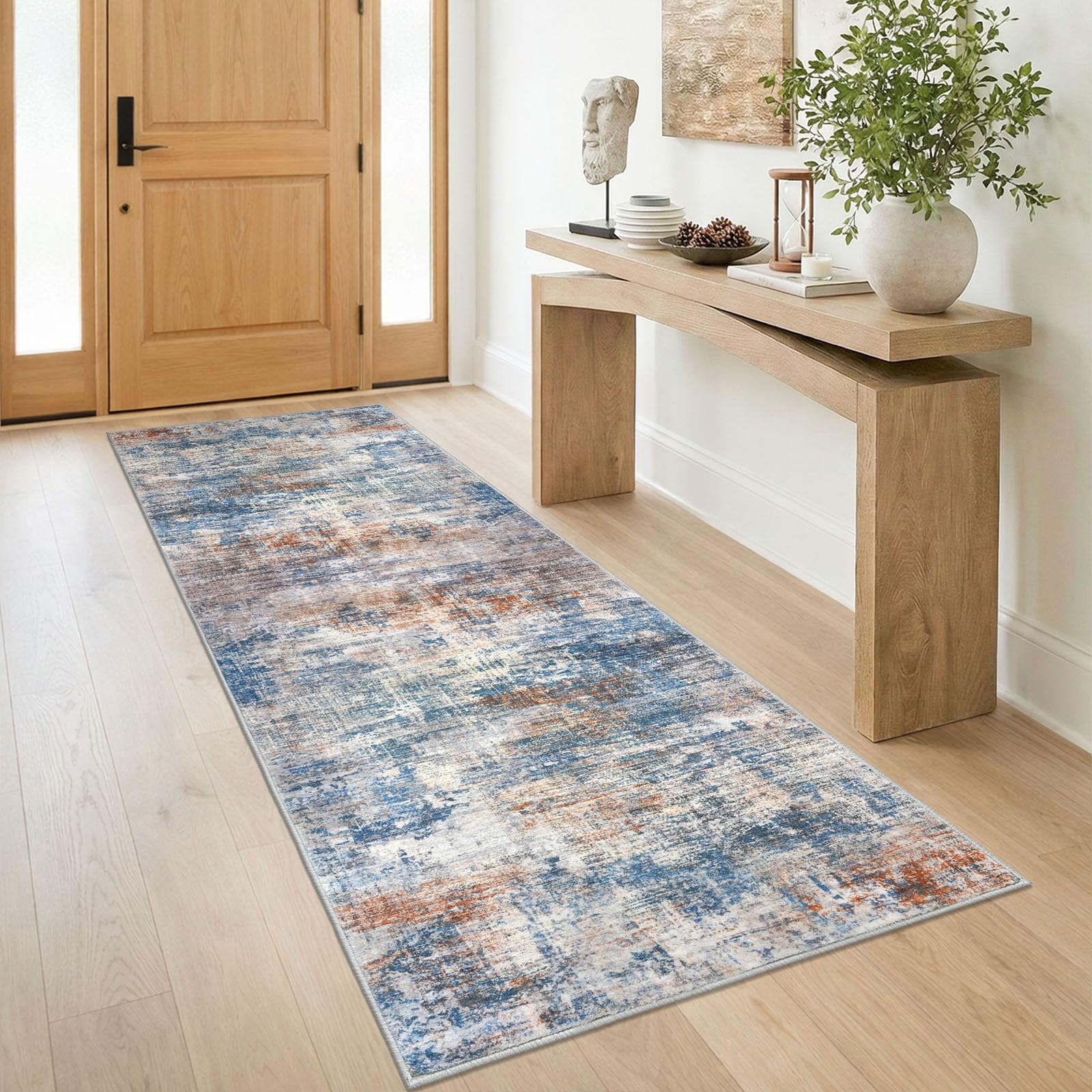 IOHOUZE Abstract Runner Rug 3x8 Ft Washable Runners for Hallways, Non Slip Kitchen Runner Printed Faux Wool Entryway Runner Indoor, Modern Abstract