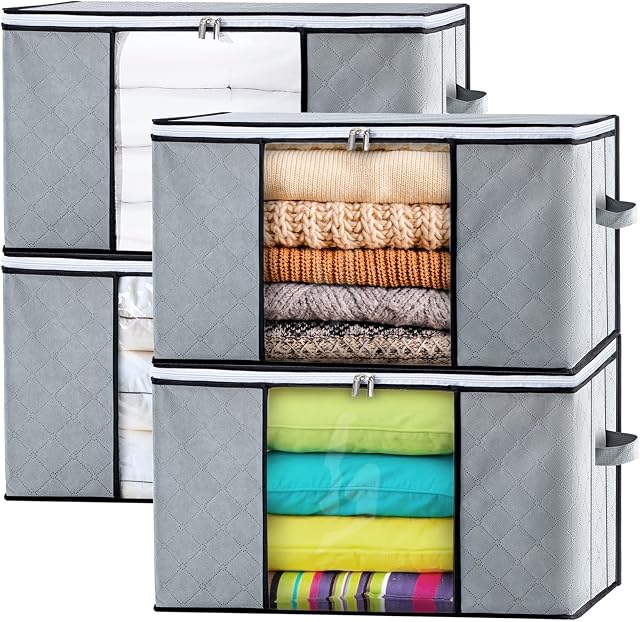 GoMaihe Clothes Storage Bag 4 Pack, Collapsible Storage Boxes with Lids Duvet Storage Bags, Wardrobe Organiser Large Moving Boxes with Reinforced Handles and Zip, Bedroom Underbed Storage, Grey