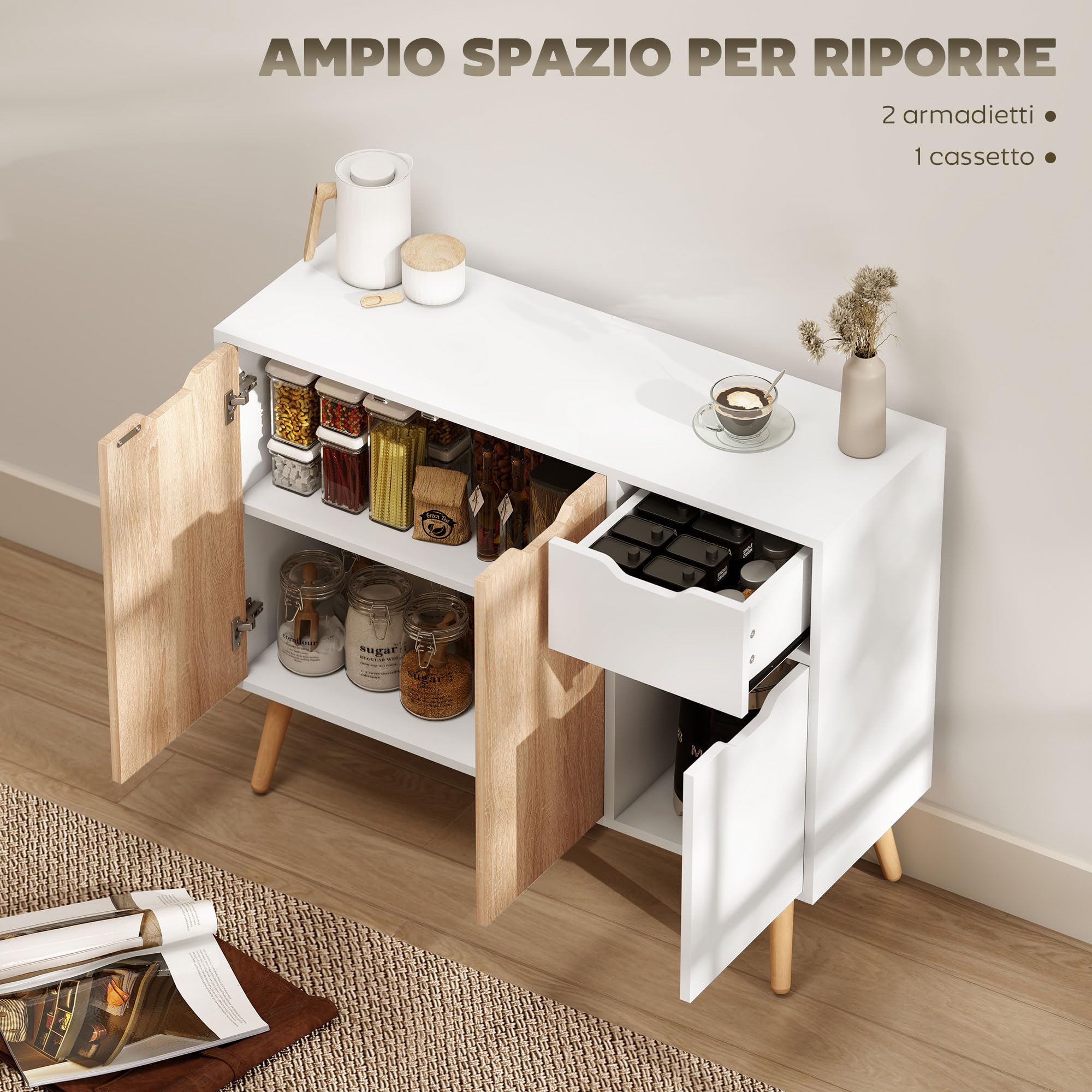 HOMCOM Mobiletto Multiuso con Cassetto e Armadietti, Credenza Stile Nordico in Legno per Camera, Soggiorno, Studio, 90x30x72 cm, Bianco e Color Legno