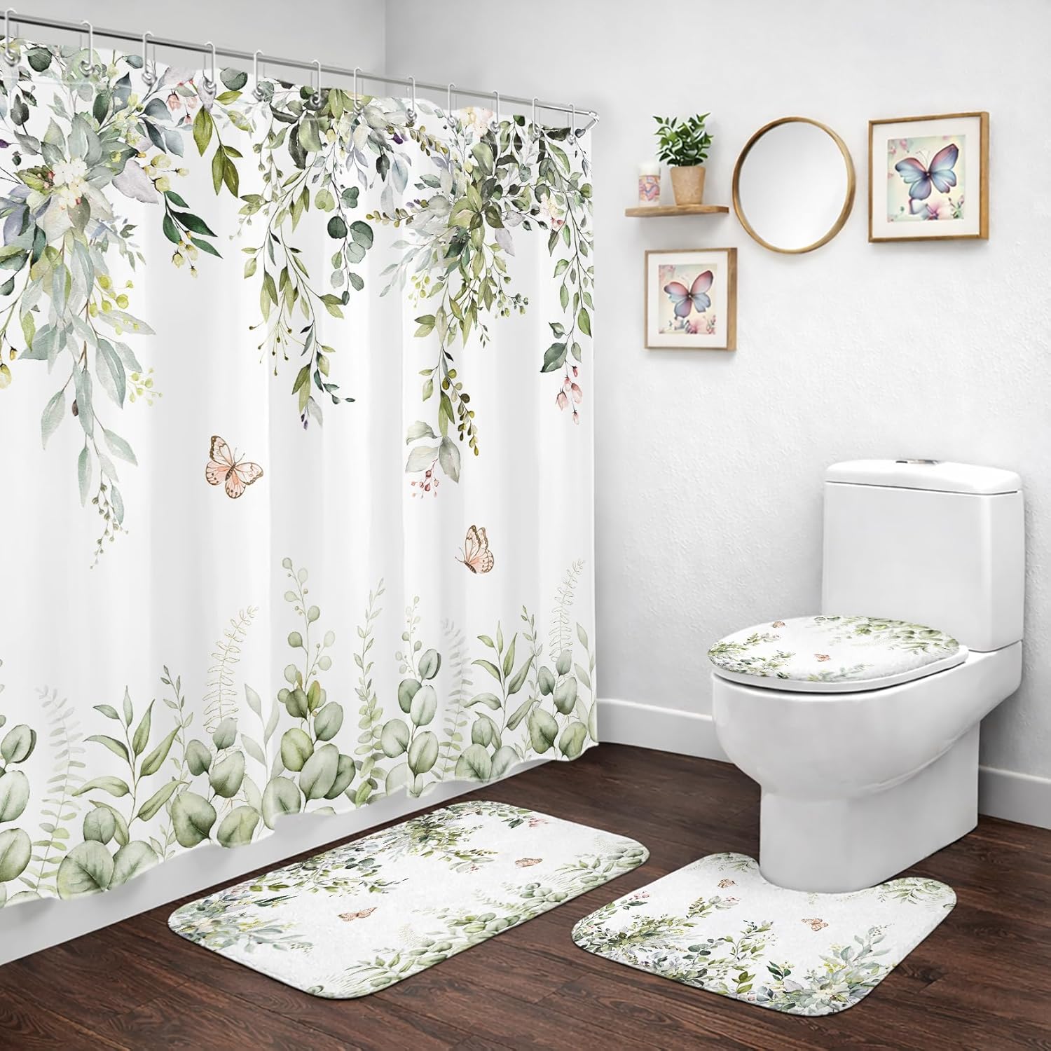 4 Pcs Sage Green Eucalyptus Shower Curtain Set with Toilet Lid Cover and Non-Slip Bathroom Rugs, Green Leaf and Floral Butterfly on White Shower Curtain Rustic Bathroom Decor, 72L X 72W inches