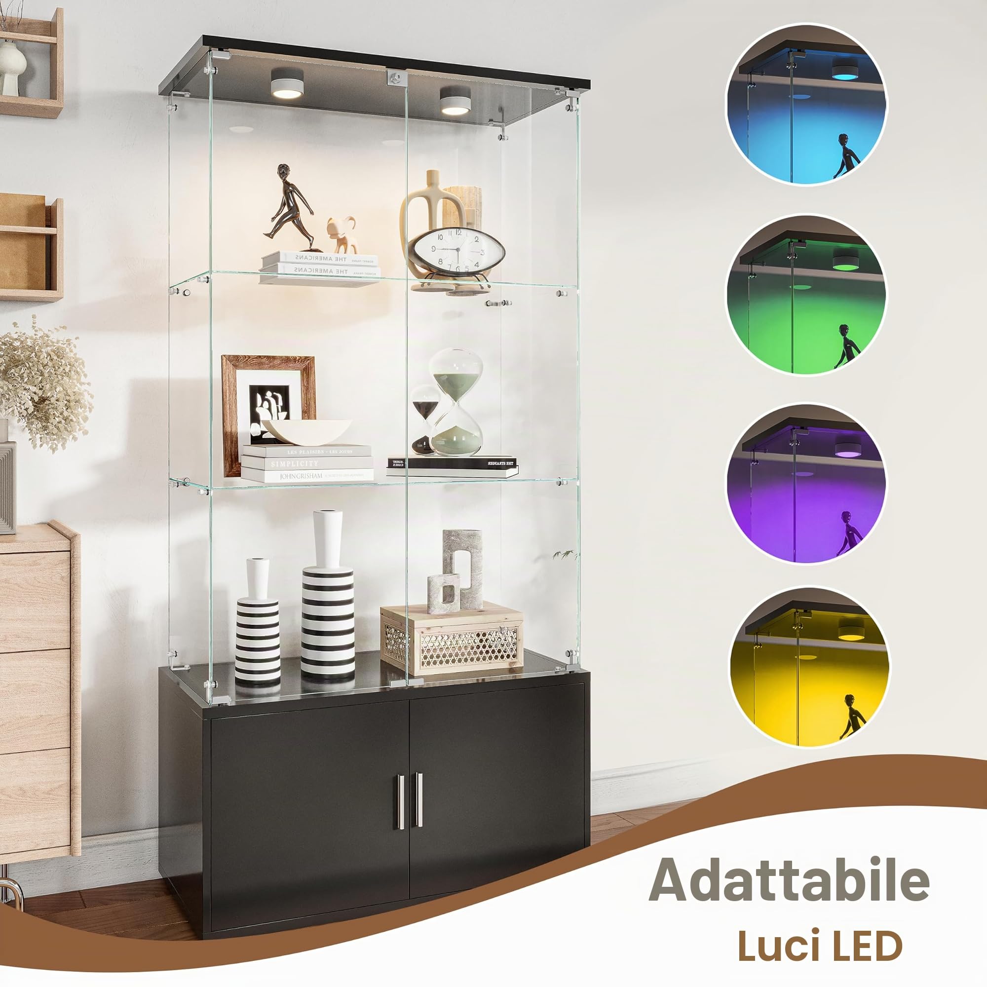 Vetrina in vetro con illuminazione a LED, 4 porte, 4 ripiani, per libri, ufficio, soggiorno (nero, 4 porte, 4 strati)