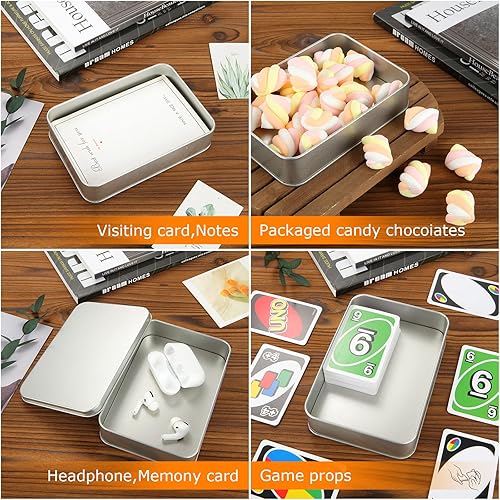 Miniatura 7 de Paquete de 8 cajas de latas de metal vacías con tapa, latas de galletas rectangulares de metal plateado para golosinas, regalos, regalos, velas y