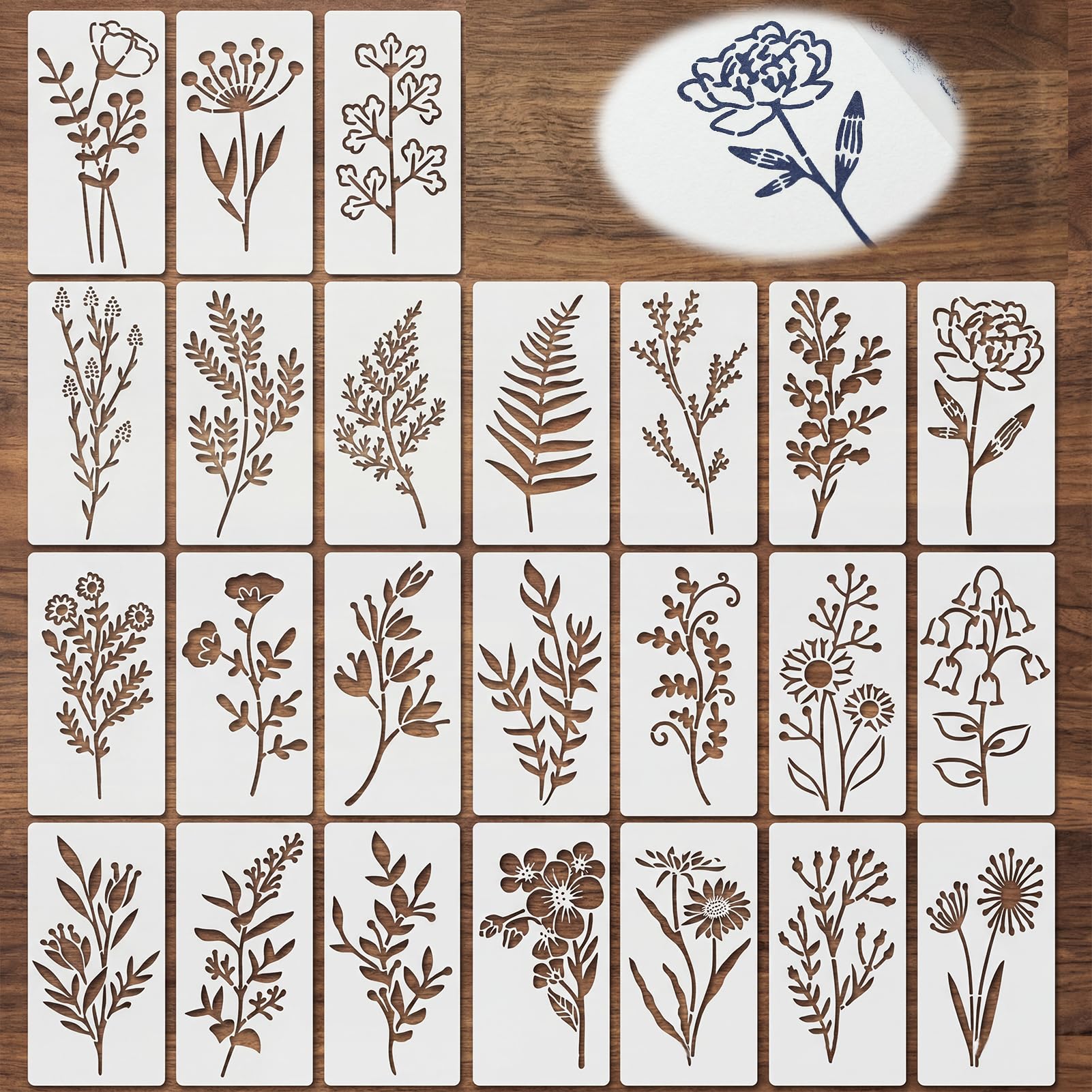 24 Pcs Stencils for Painting, 3x6 Inch Wildflower Stencils for Crafts Reusable, Flower Leaf Templates, Floral Paint Stencil Set for DIY Scrapbooking Card Making Wall Art Decor
