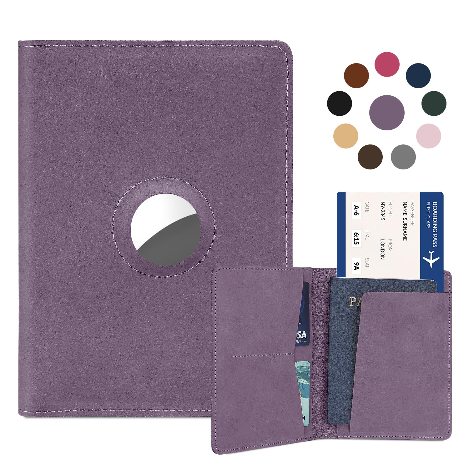 Airtag - Custodia per passaporto, per donne e uomini, in vera pelle, fatta a mano, con slot per Airtag, accessori essenziali da viaggio, regalo di compleanno (cavallo pazzo, viola), Viola, Per Airtag