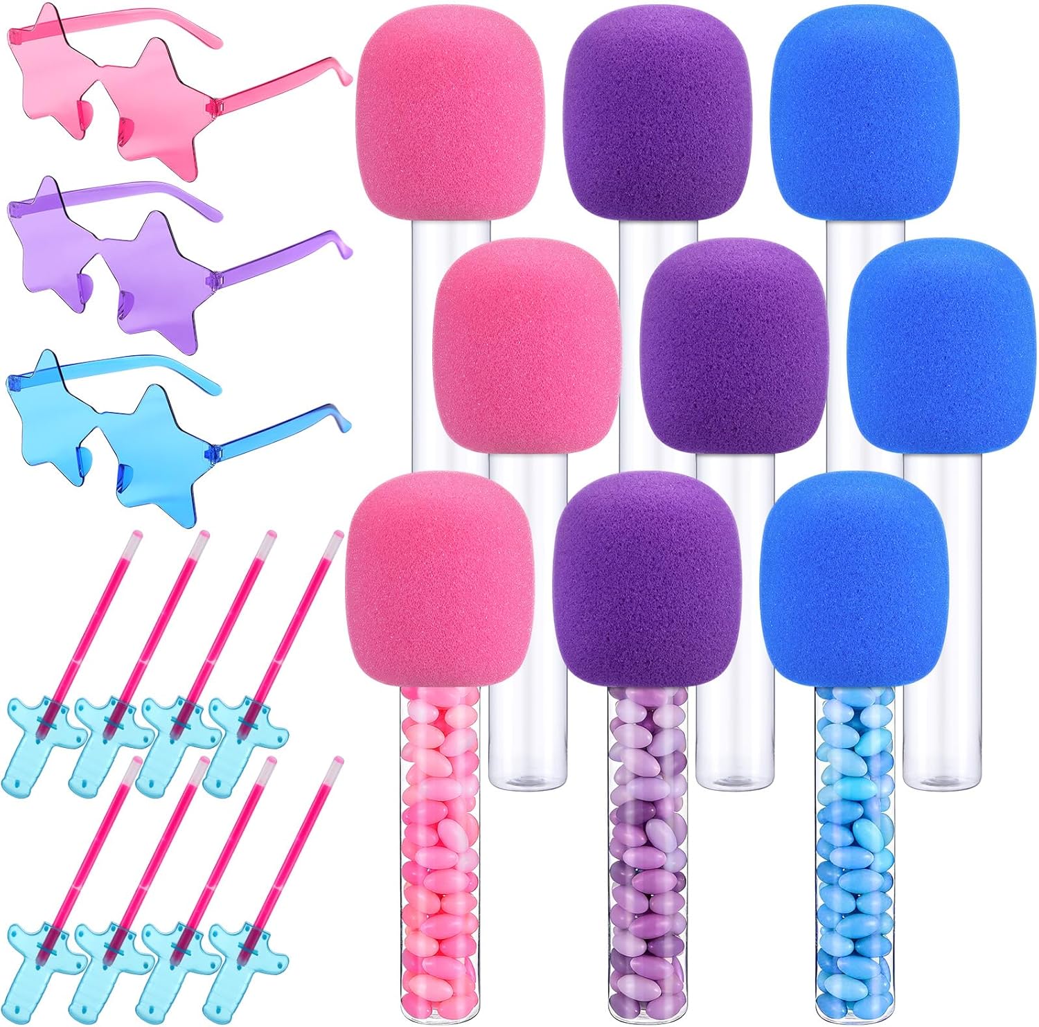12 Set Kpop Party Favor Set with Kpop Microphone Candy Tubes, Music Colorful Star Shaped Glasses and Sword Glow Sticks for Korean Pop Singing and Dance Theme Birthday Decorations