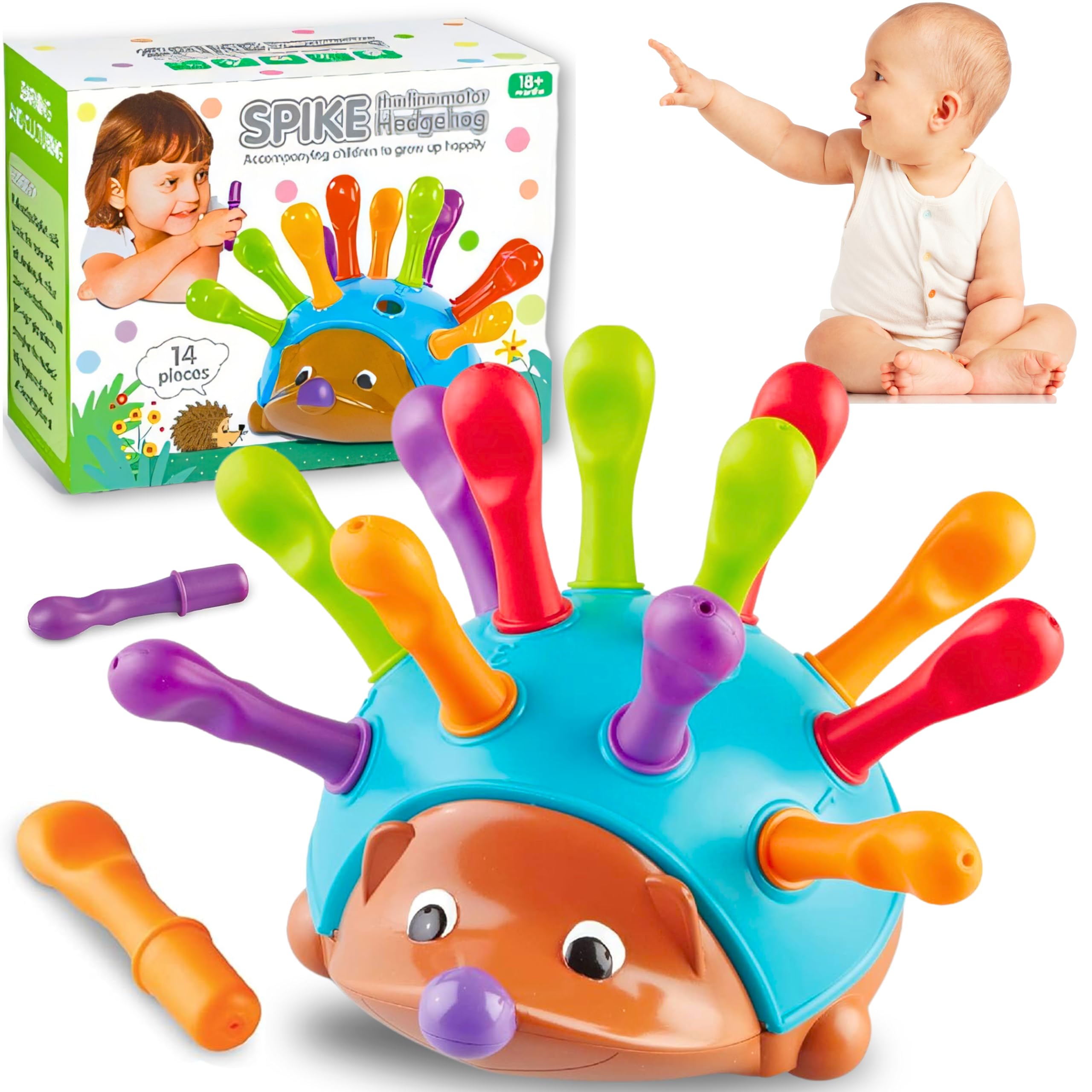 Spike The Fine Motor Hedgehog - 14 Piece Toddler Learning Toys, Fine Motor Skills and Sensory Development Toy for Kids Ages 18+ Months, Montessori Educational Toy for Early Childhood Developmen