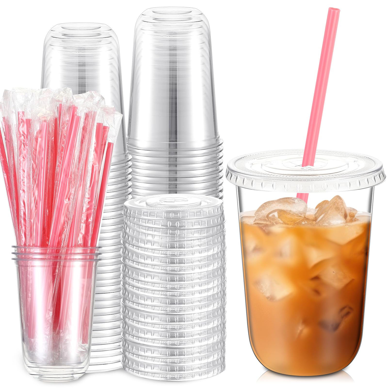 Ziliny 50 Sets Clear Plastic Cups with Heart Shaped Straws and Lids, Disposable Iced Coffee Cups Drinking Pet for Cold Drinks, Valentine's Galentine's