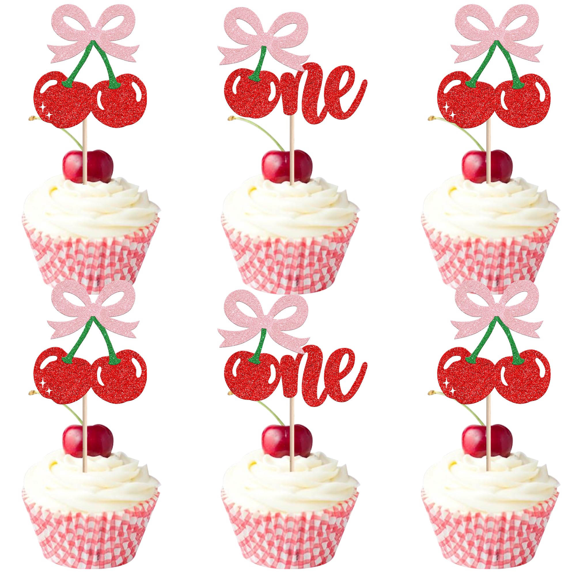 SYKYCTCY 24 Pack Cherry One Cupcake Toppers Glitter Pink Bow Cherry Cupcake Picks Cherry 1st Birthday Decorations for Sweet Fruit Baby Shower Kids Girls First Birthday Party Cake Decorations Supplies