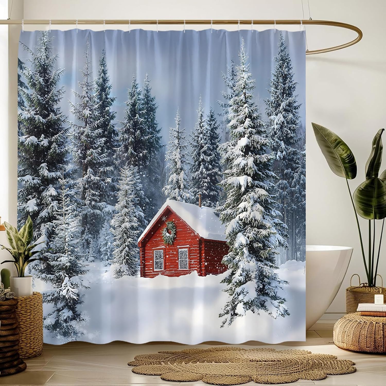 Winter Snow Forest Shower Curtain Farmhouse Xmas Pine Trees Barn Door Nature Scenery Bathroom Decor Curtain with Hooks,70" W x 70" L