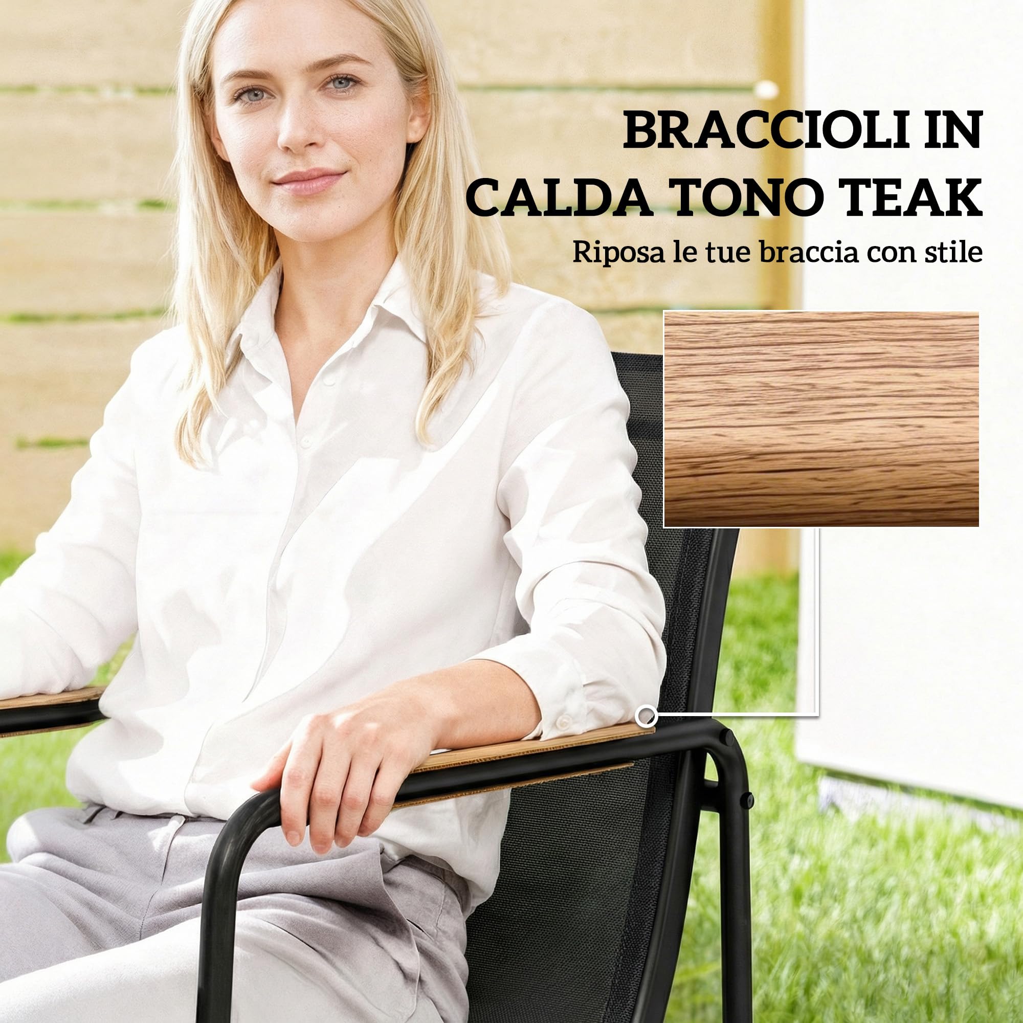 Outsunny Set Tavolo e Sedie da Giardino 7 Pezzi, Pranzo Esterno con Tavolo in Vetro Temperato, Sedie Texteline Traspirante, Acciaio, Nero