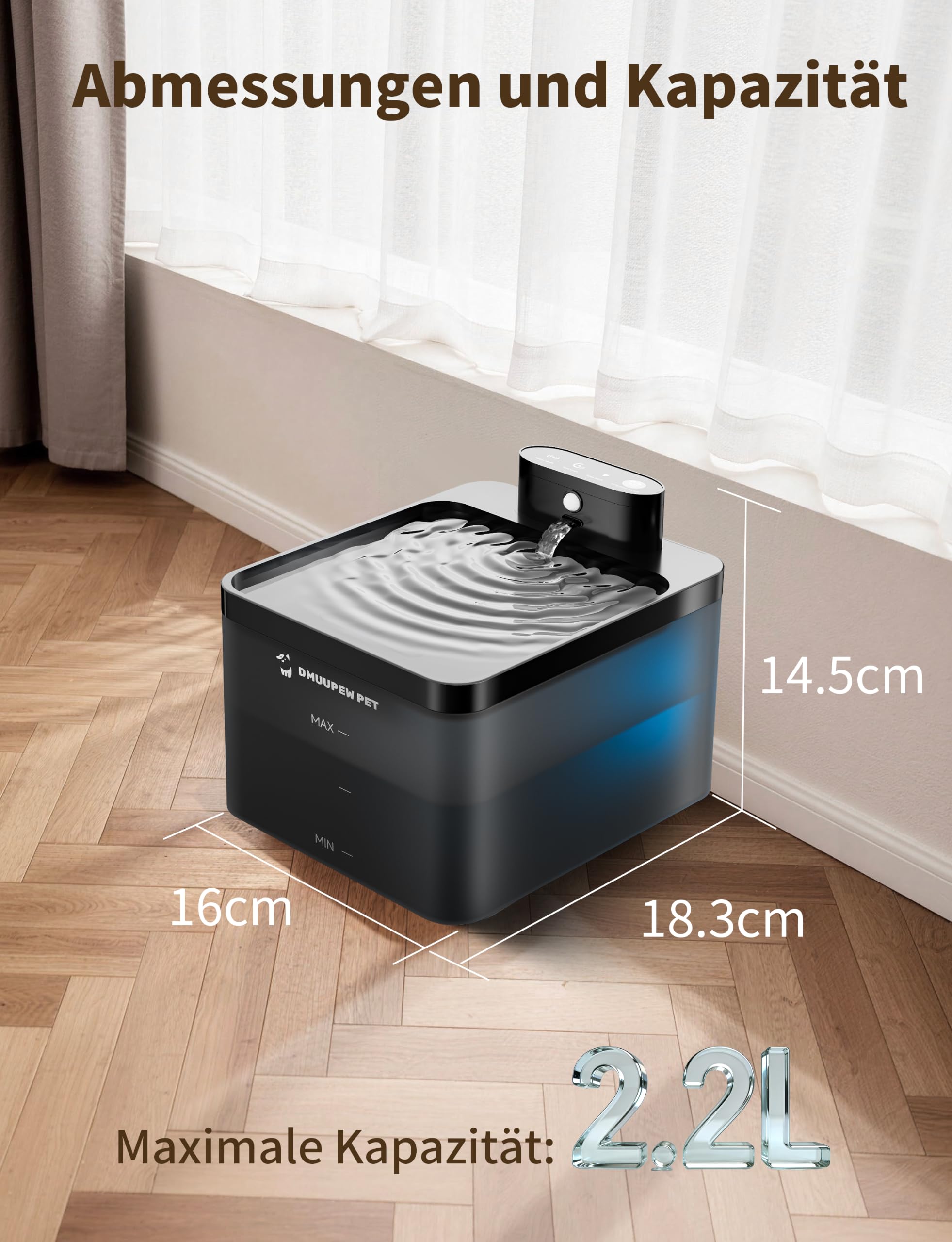 Katzenbrunnen, 2,2 L, kabellos mit LED, Bewegungsmelder, leise Pumpe 30dB, Batterie 2600mAh, Premium-Filtration