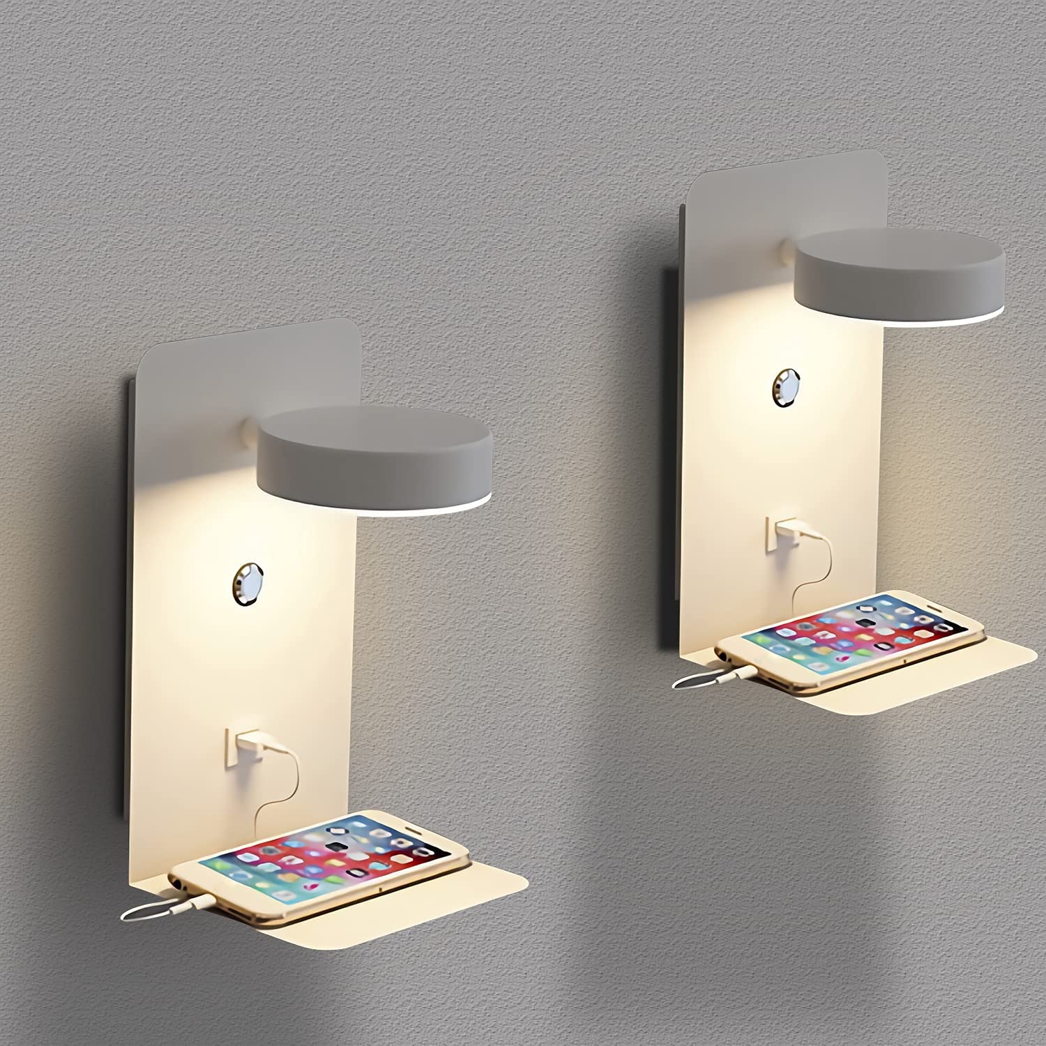 Wewnętrzny kinkiet nocny LED USB, 2 szt. Kinkiet nocny z przełącznikiem Trójkolorowa regulacja, kinkiet z portem USB i półką, regulowana nocna lampka do czytania do sypialni salonu