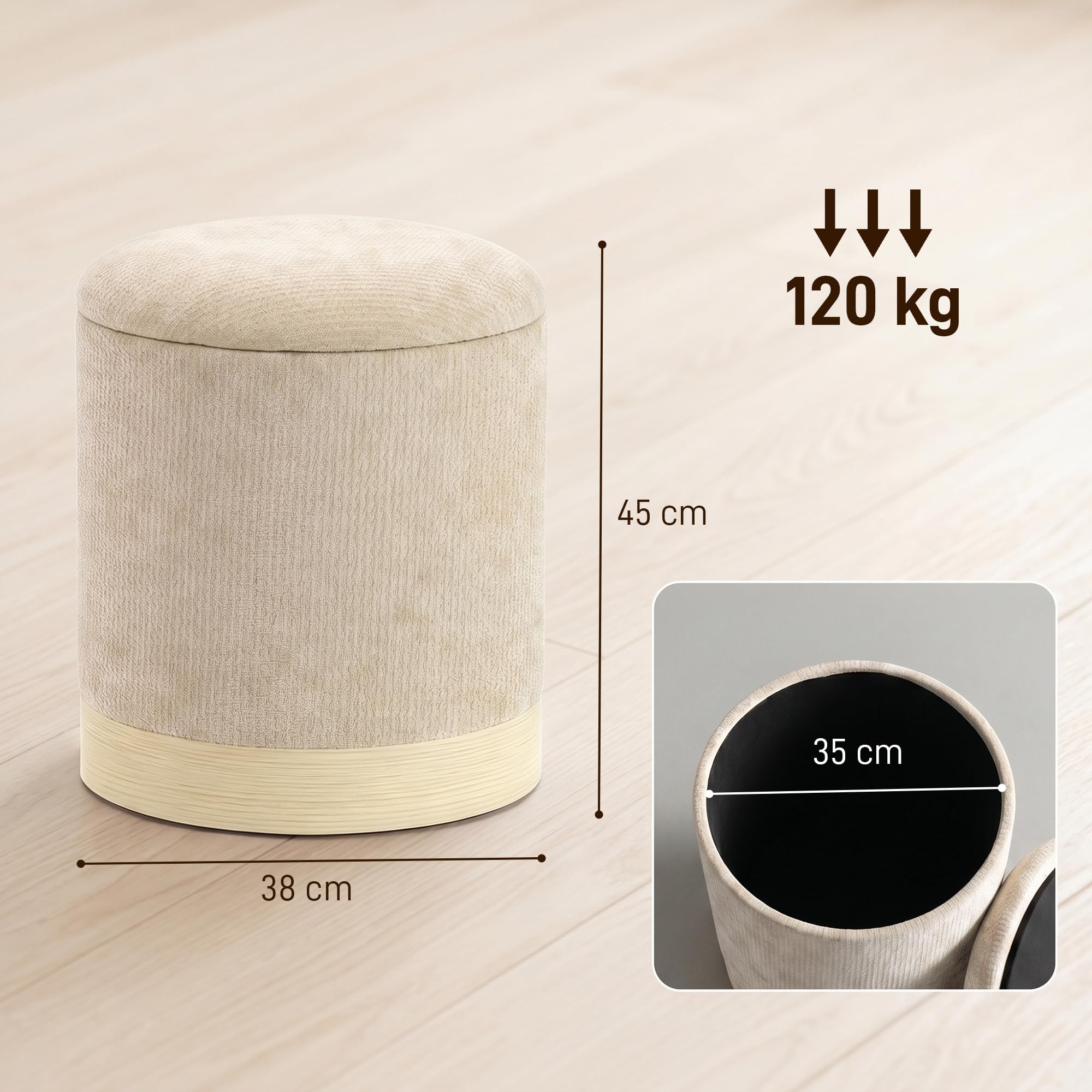 HOMCOM Pouf rotondo portaoggetti in ciniglia, Ø38x45 cm, beige | Pouf poggiapiedi, base in metallo effetto legno, per camera da letto, ingresso, soggiorno, portata 120 kg.