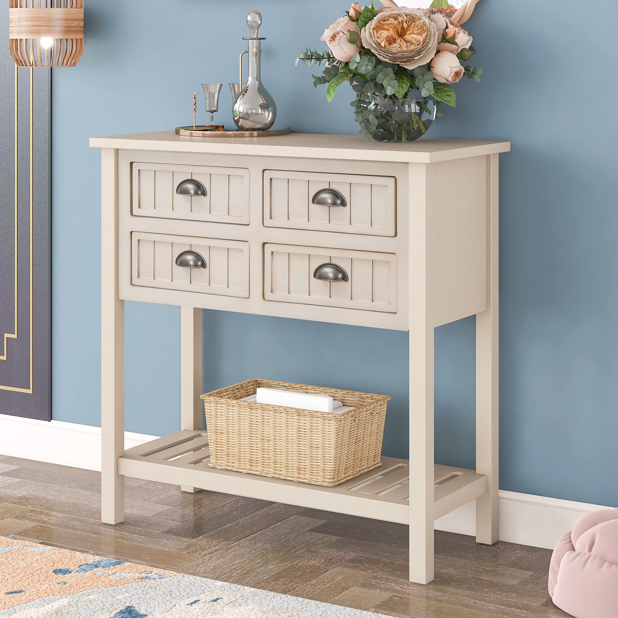Merax Gray Wood Retro Console Table for Entryway Hallway Front Door Sideboard with Drawers and Bottom Shelf, Type 10