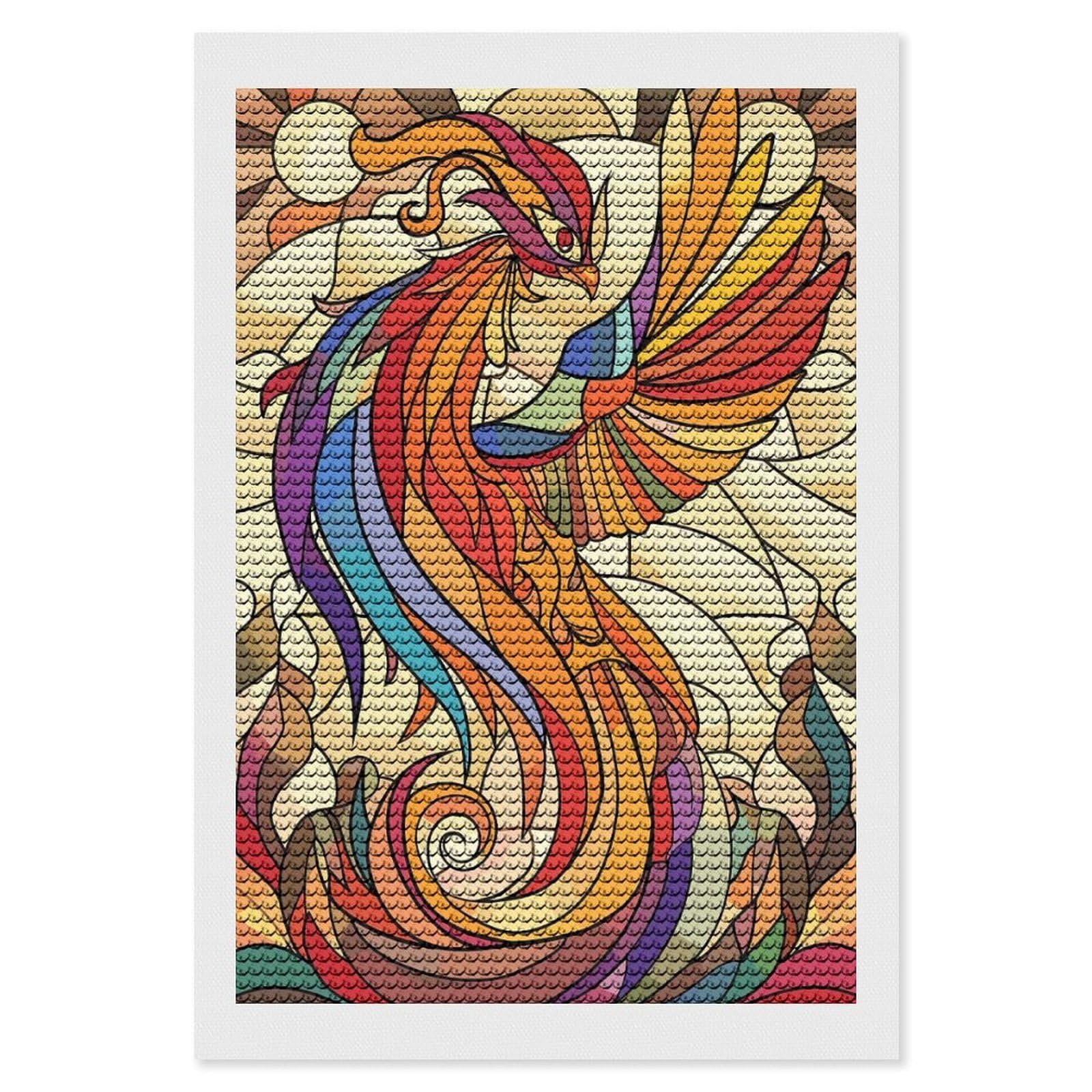 Junmoney Stained Glass Phoenix Rising Diamond Art Kit 8"x12", Vintage Style Decor, Stress Relief Craft, Decor Project, Relaxing DIY, Creative Hobby