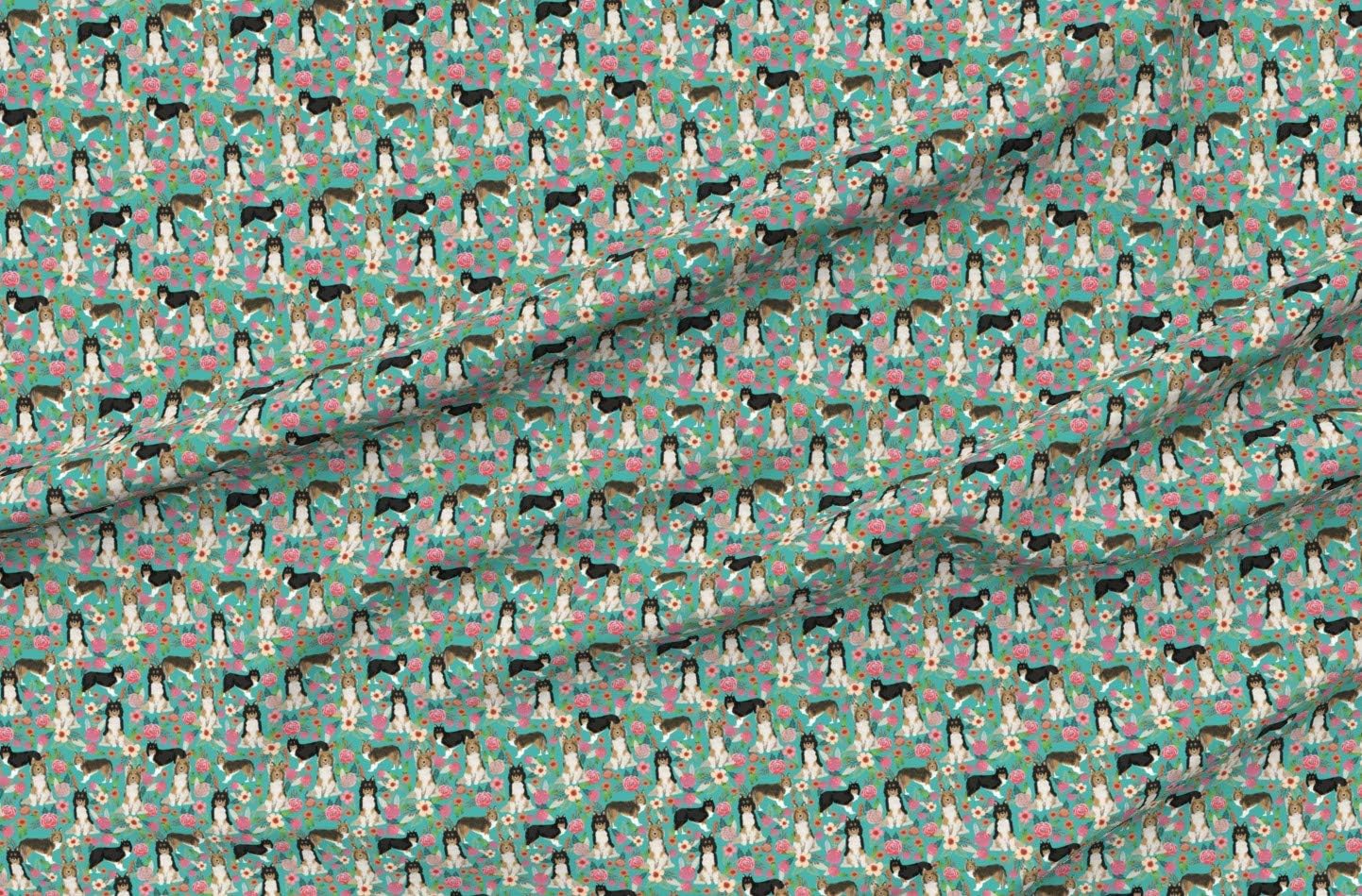 Spoonflower Fabric - Floral Shetland Sheepdog Dogs Best Vintage Florals Pet Portrait Printed on Organic Cotton Sateen Fabric by The Yard - Sewing Quilting Apparel Home Decor