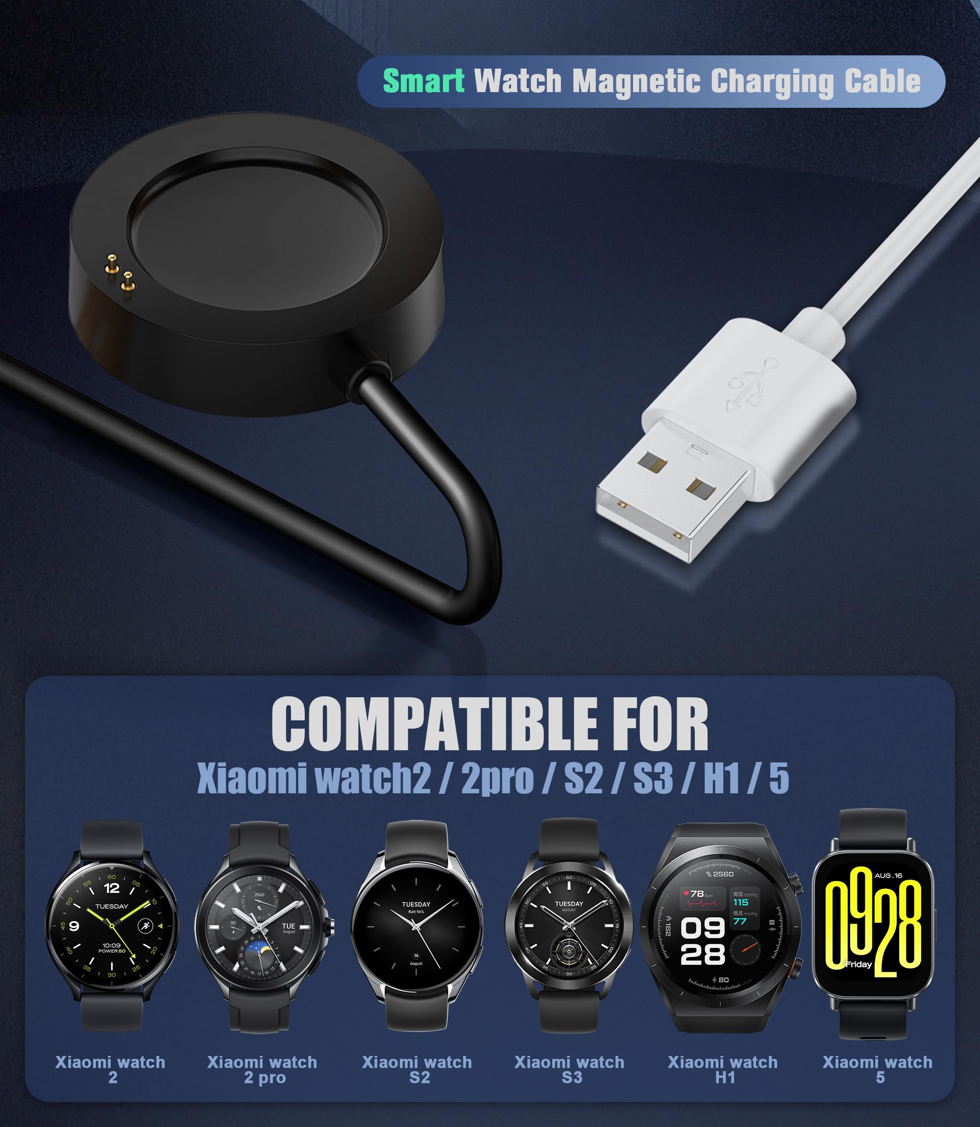 Kabel do ładowania kompatybilny z Xiaomi Watch S5/5/S4/S3/S2 | Kompatybilny z Xiaomi Watch S5/5/S4/S3/S2/2 Pro/2/H1-1 m, kabel z magnesem, czarny/biały, 2 sztuki