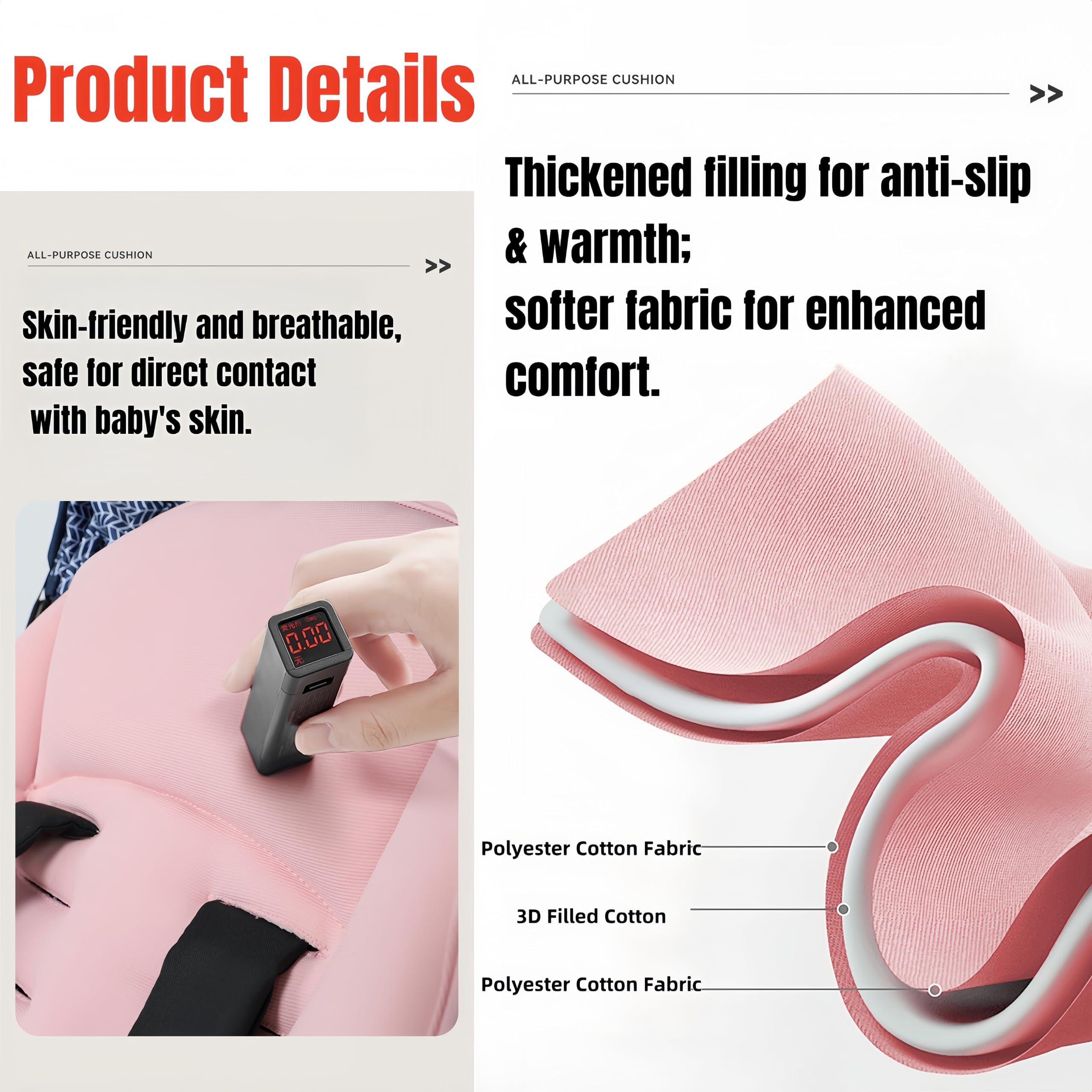 Buggy Sitzauflage aus Baumwolle, beidseitig verwendbar, universal für 99% Kinderwagen Modelle, atmungsaktiv & maschinenwaschbar, mit Rückenstütze (Pink)