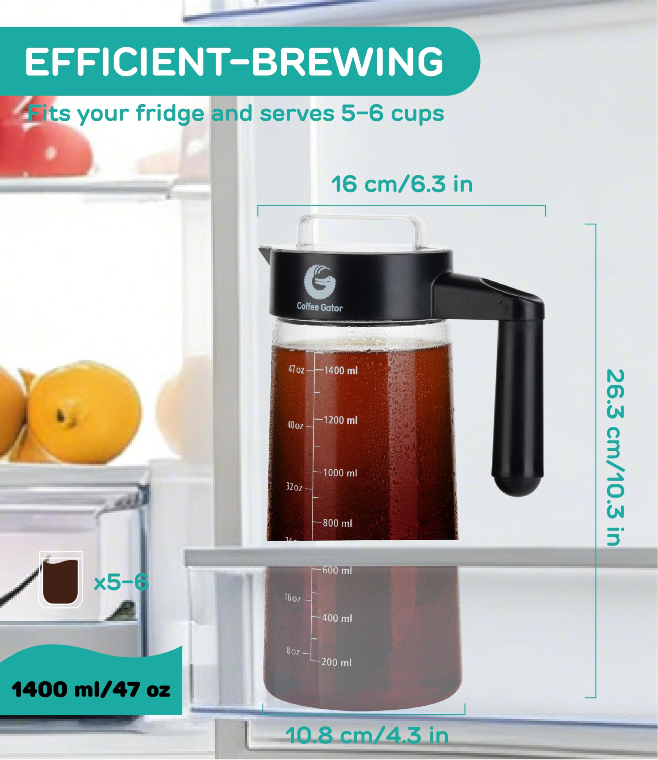 Caffettiera Manuale con Infusore per Fare Il caffè Freddo o Cold Brew Coffee di Coffee Gator - Macchina da caffè per Gli Appassionati di Slow Coffee - Caraffa in Vetro con Filtro - Anche per Il tè