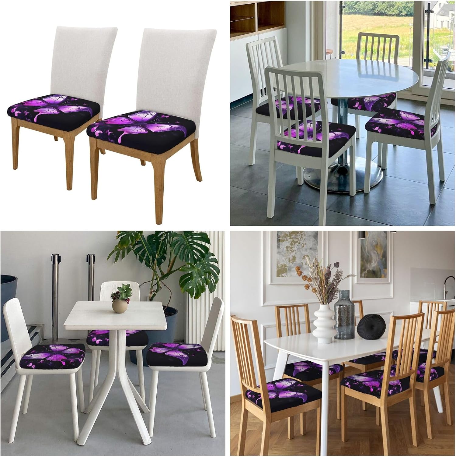 2PCS Stretch Seat Covers Set Butterfly Purple Chair Cover for Dining Room Removable Chair Seat Slipcovers
