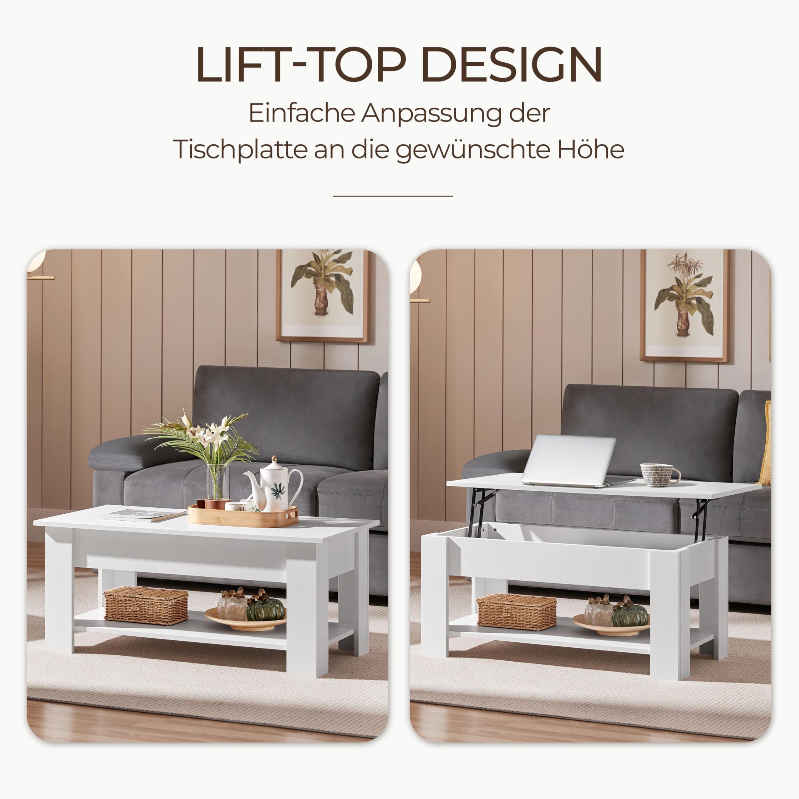 Yaheetech Couchtisch mit Höhenverstellbarer Platte Kaffeetisch ausziehbarer Wohnzimmertisch Sofatisch für Wohnzimmer, Büro, weiß