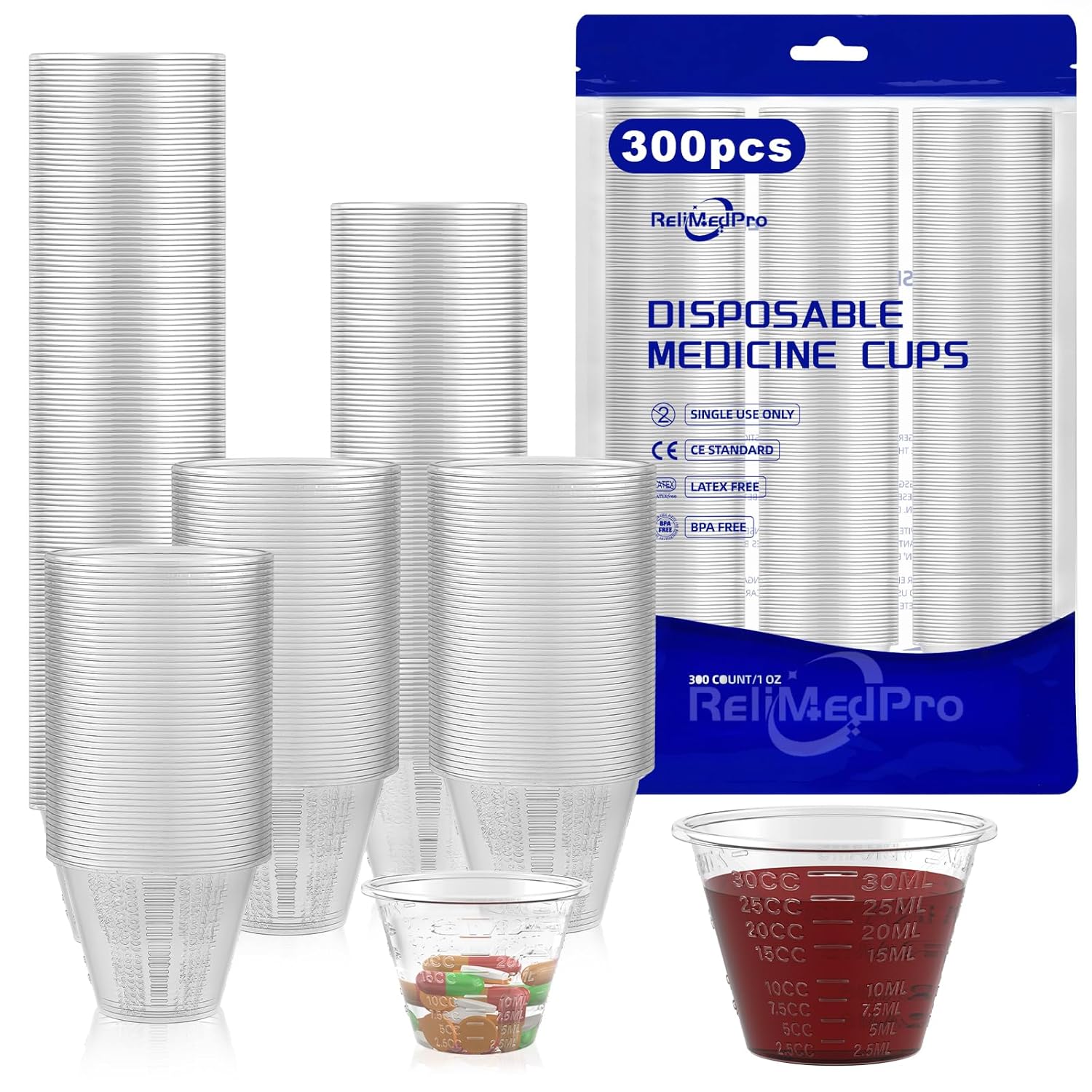 Disposable Medicine Cups Graduated, pack of 300, 1 oz (30ml) Small Plastic Measuring Cup for Liquid Medication, Paint, Epoxy, Pill and Resin