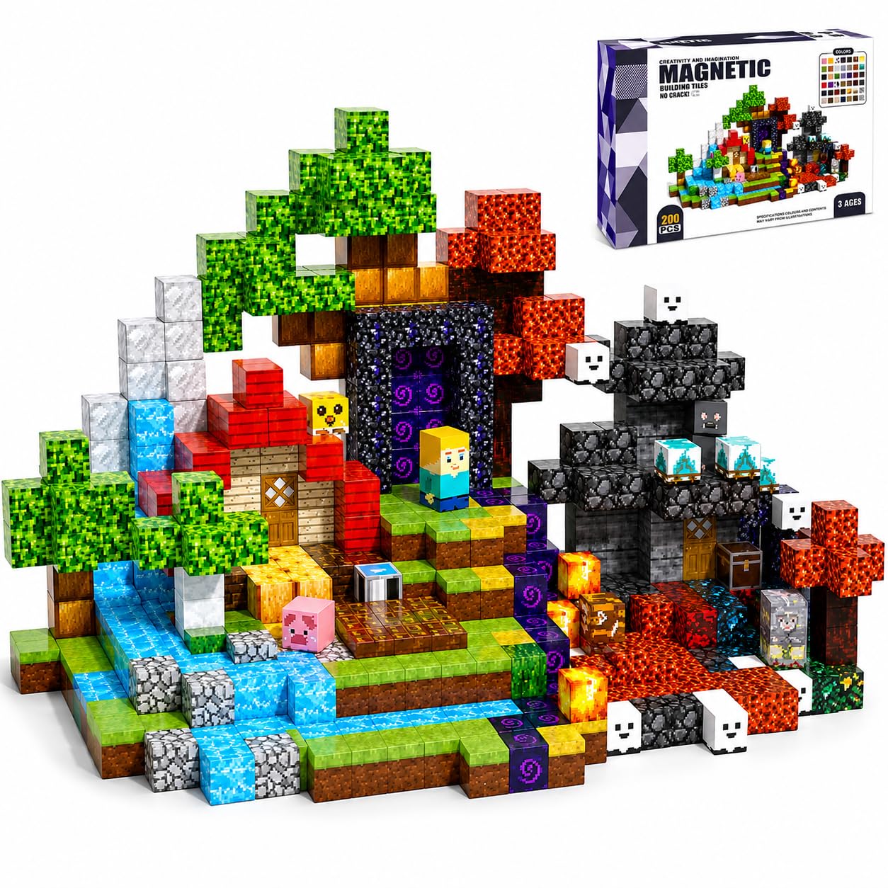 Suplexity Magnetic Tiles 200PCS for Kids Ages 3+ – STEM Magnetic Building Blocks Set with Strong Magnets, Sensory Toys for Autism, Educational Construction Toy, Creative Kids Gifts for Boys & Girls