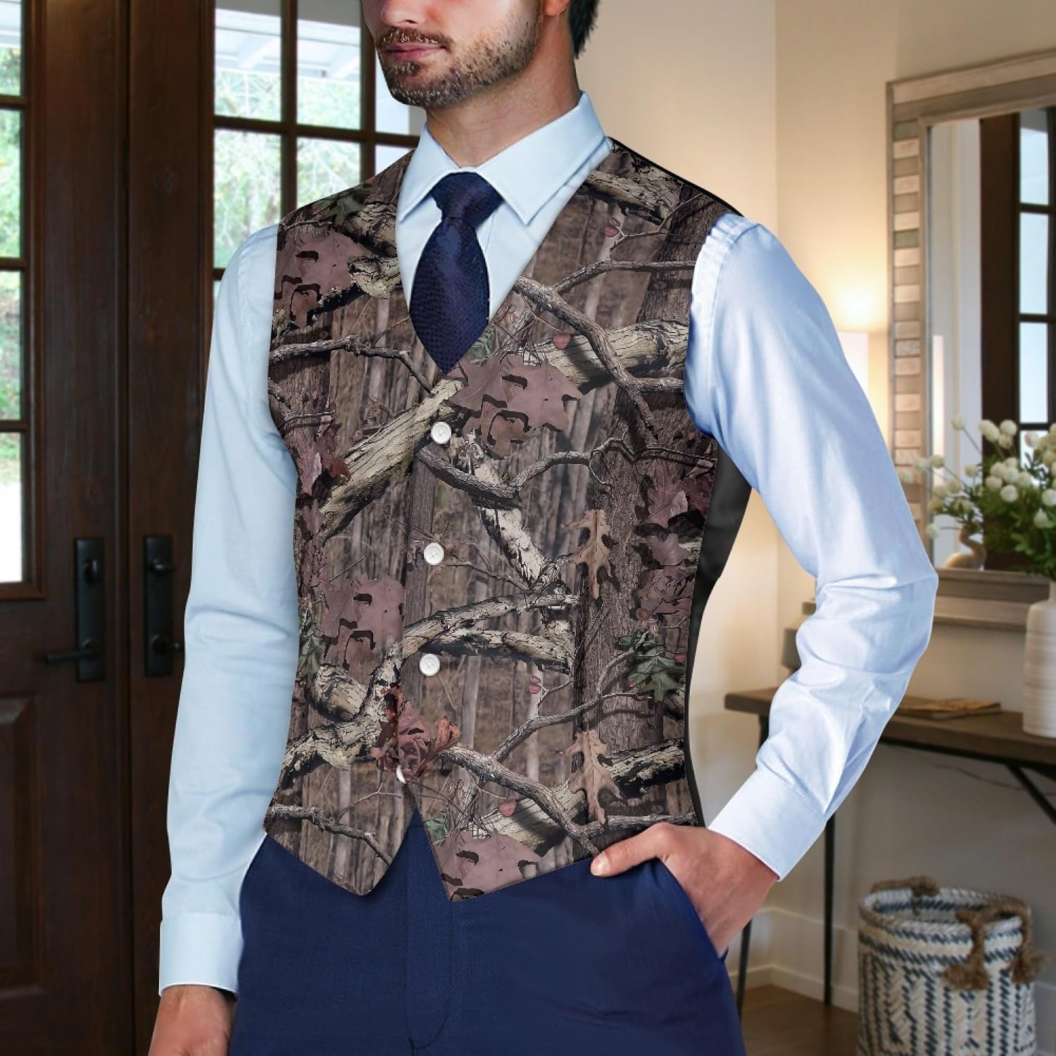 TOADDITDO Hunting Camo Tree Print Men's Casual Plus Size Vest Dress Vest for Men Wedding Slim Fit Waistcoat Jacket Tank Top