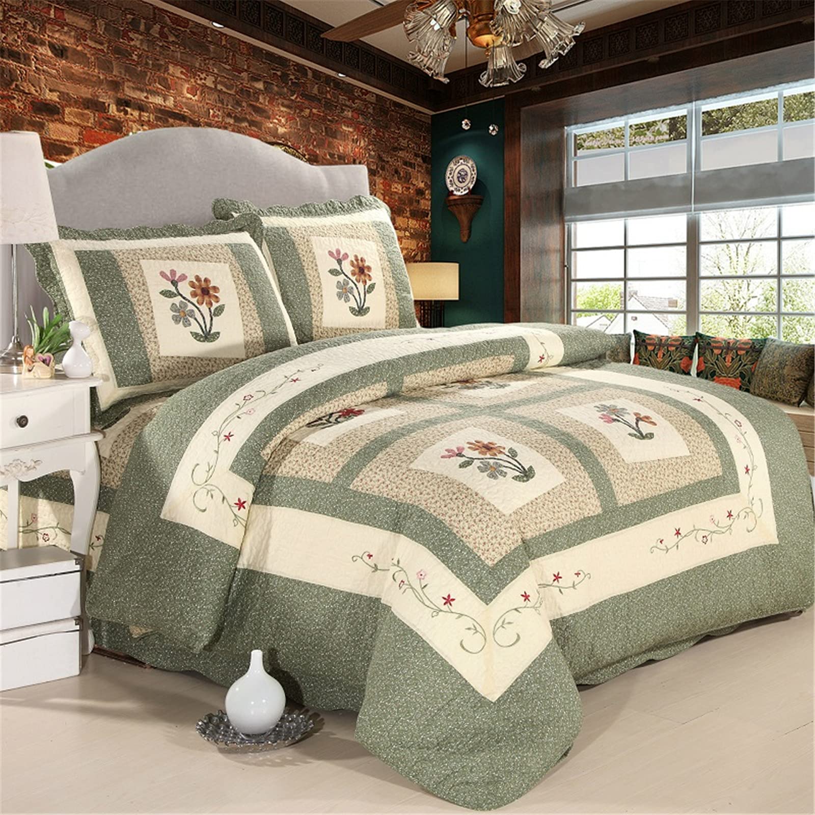 Parure de lit matelassée en coton haut de gamme, patchwork floral rouge chic