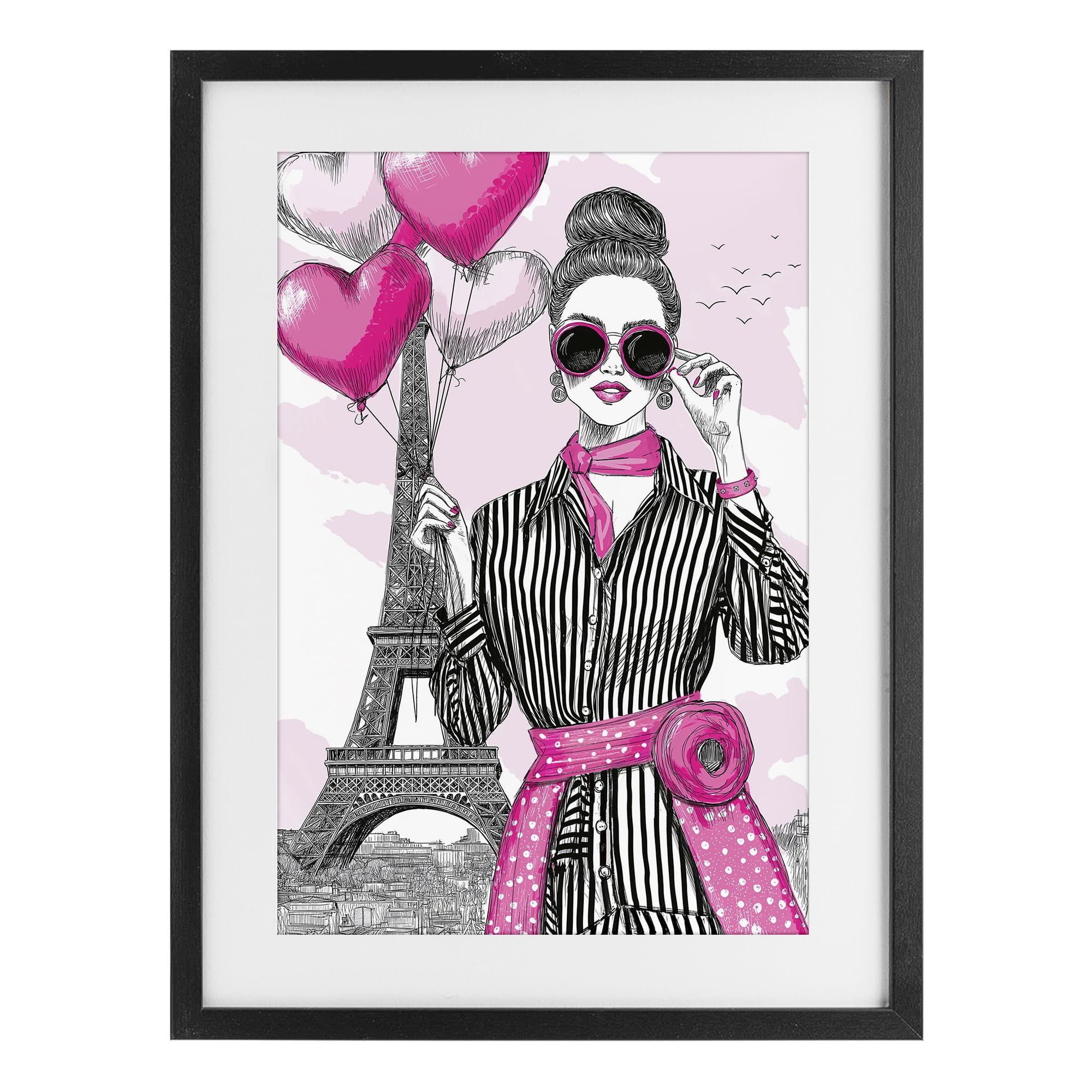 Stupell Industries Midnight Black (Textured) 'Parisian Chic Woman With Balloons', Framed Print Under Glass, Black, 14 X 20 Inches, Easy To Hang And Sturdy, Made In Usa, By Jess Stempel