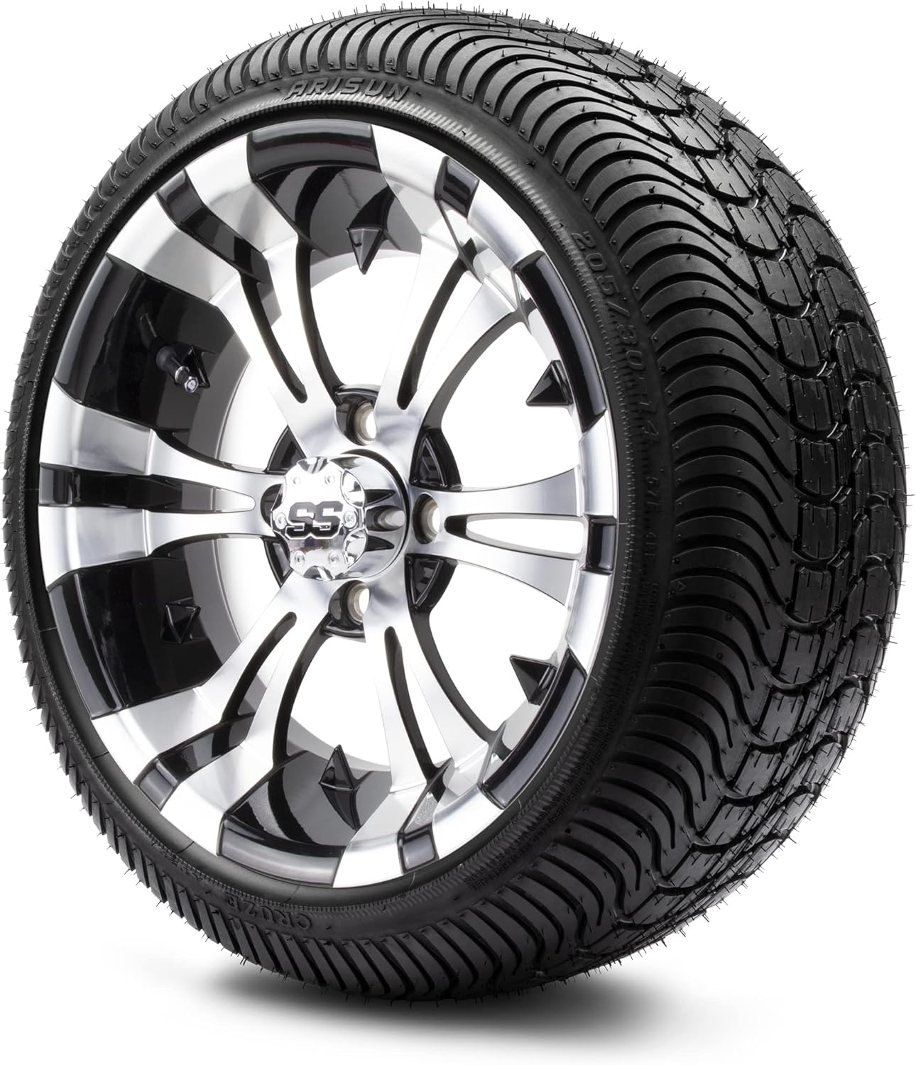 MODZ® Vampire Machined Black 14" Golf Cart Wheels and Arisun Cruze (205/30-14) Low Profile DOT Golf Cart Tires Combo - Set of 4