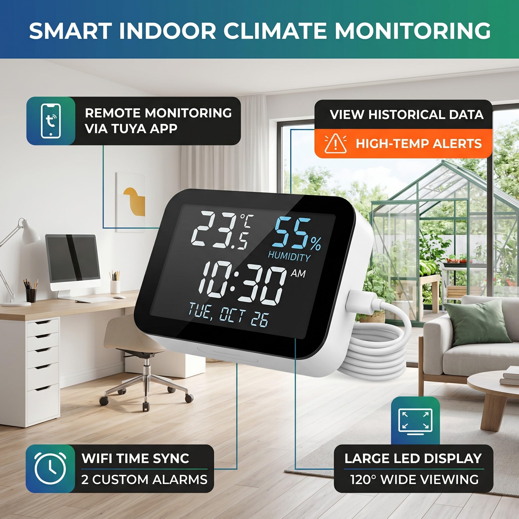 Greensen WiFi Inteligentny Zegar, Termometr i Monitor Wilgotności z Dużym Wyświetlaczem LED, Kąt Widzenia 120° do Domu, Biura, Sypialni, Szklarni (Biała Muszla - Białe Światło)